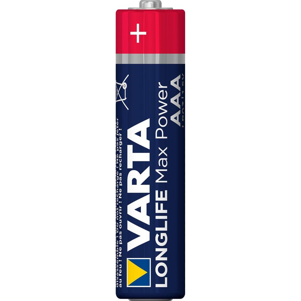 A Varta AAA battery with a red positive terminal and blue casing.