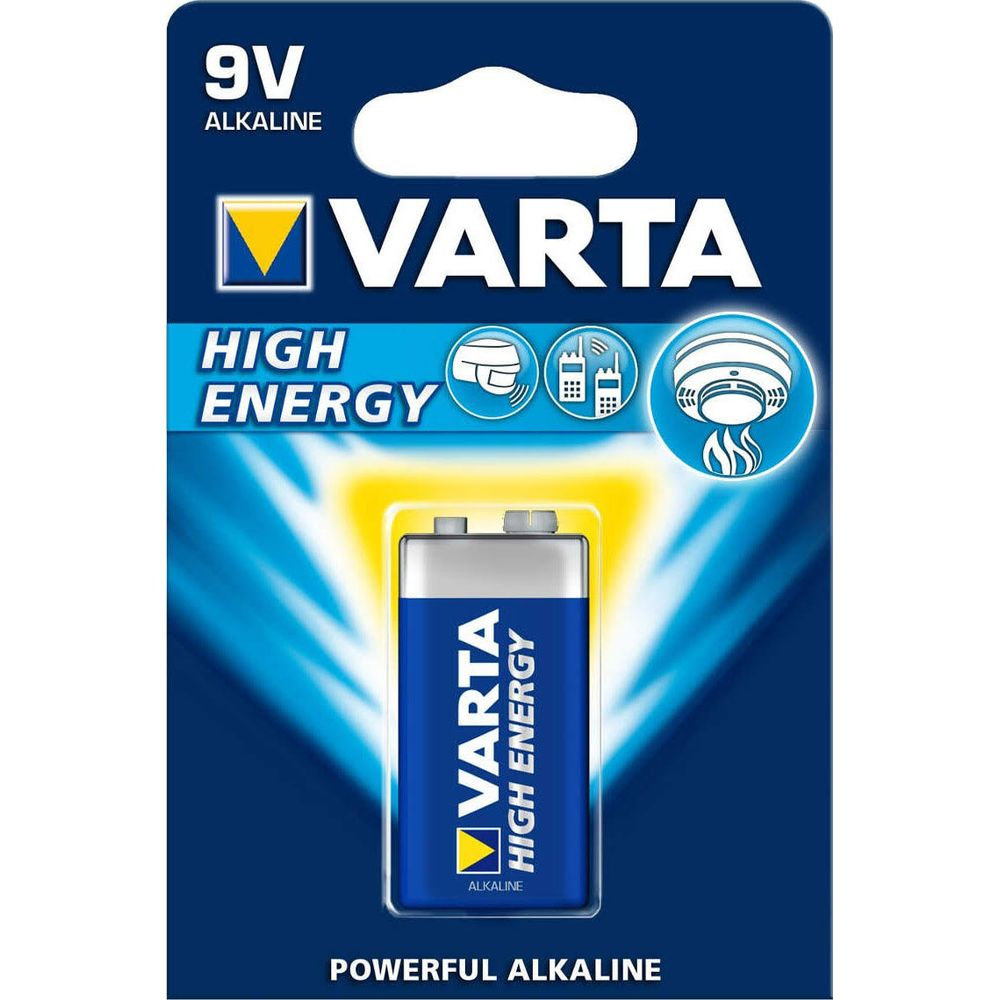 Varta 9V Alkaline Hochleistungsbatterie-Verpackung mit Produktbild.