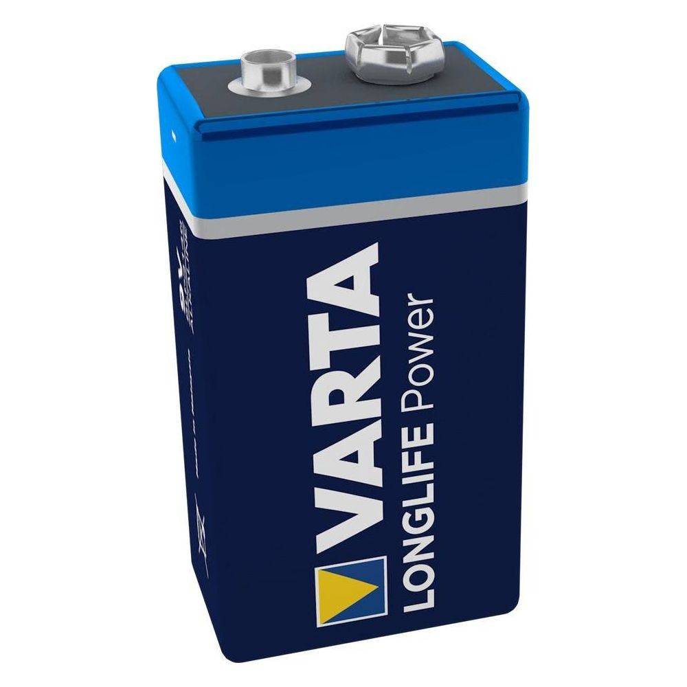 Eine Varta 9V Batterie in dunklem Blau mit silbernen Anschlüssen.