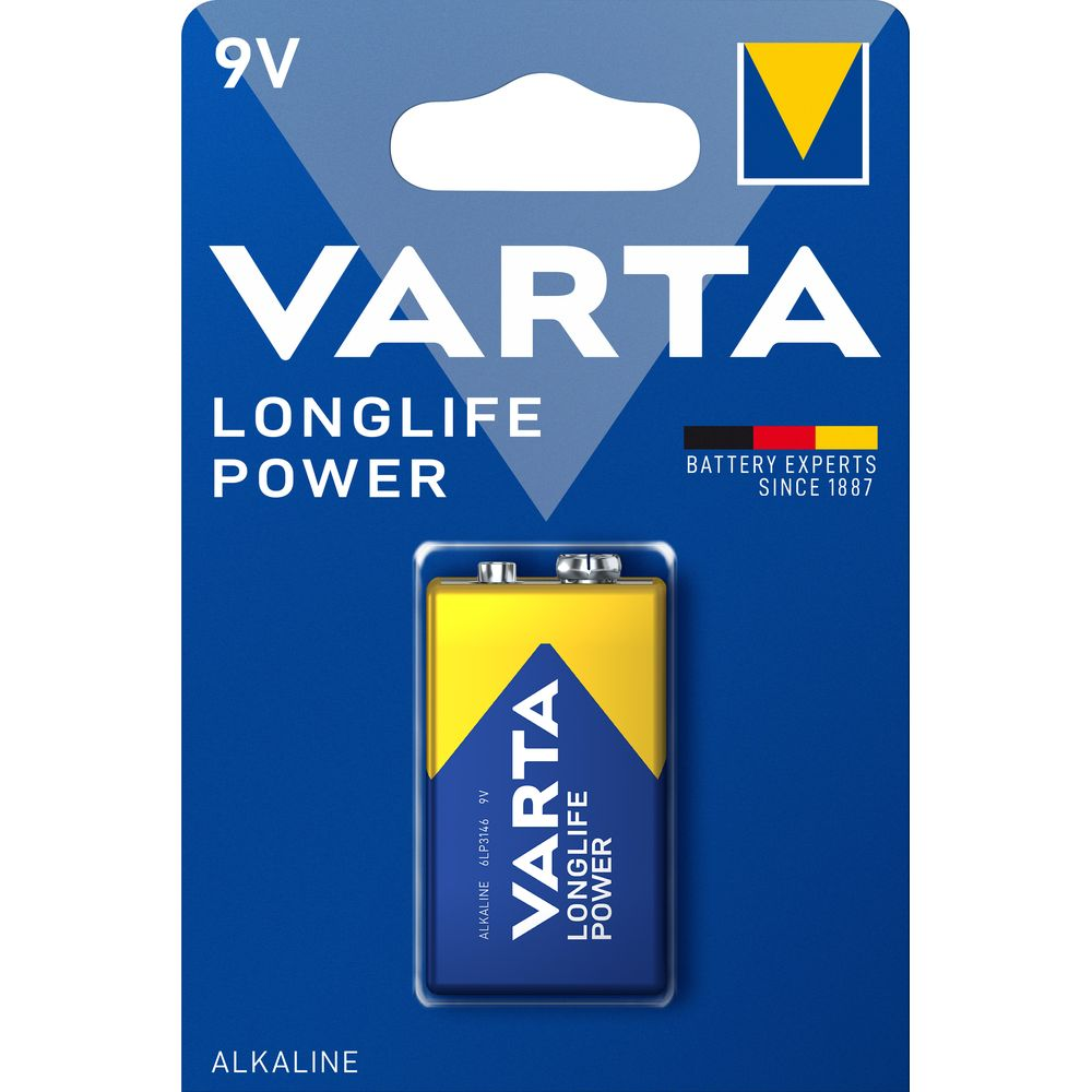Varta 9V Longlife Power Alkaline Batterie auf blauem Hintergrund.