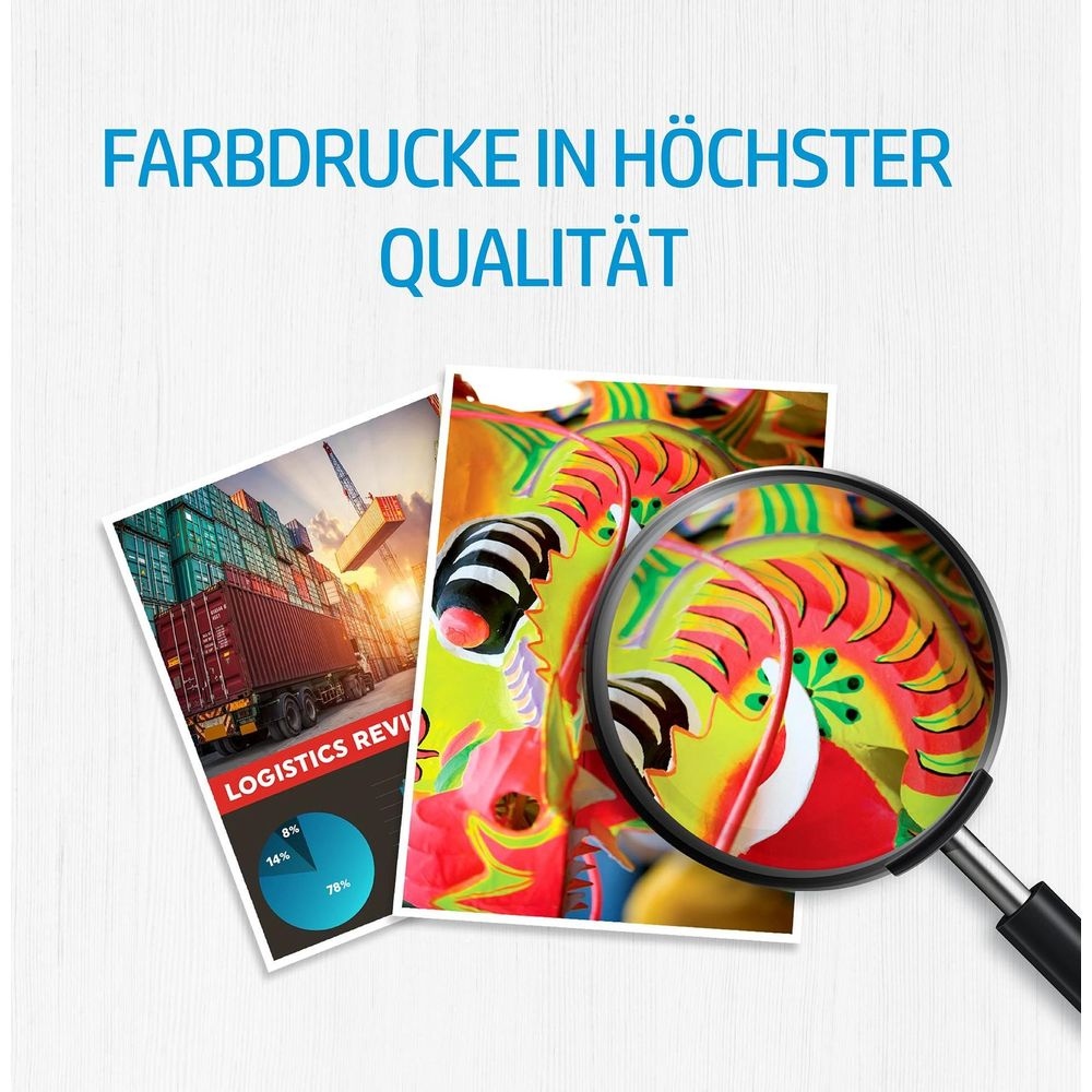 Obrazy kontenerów i kolorowej głowy smoka oglądane przez lupę.