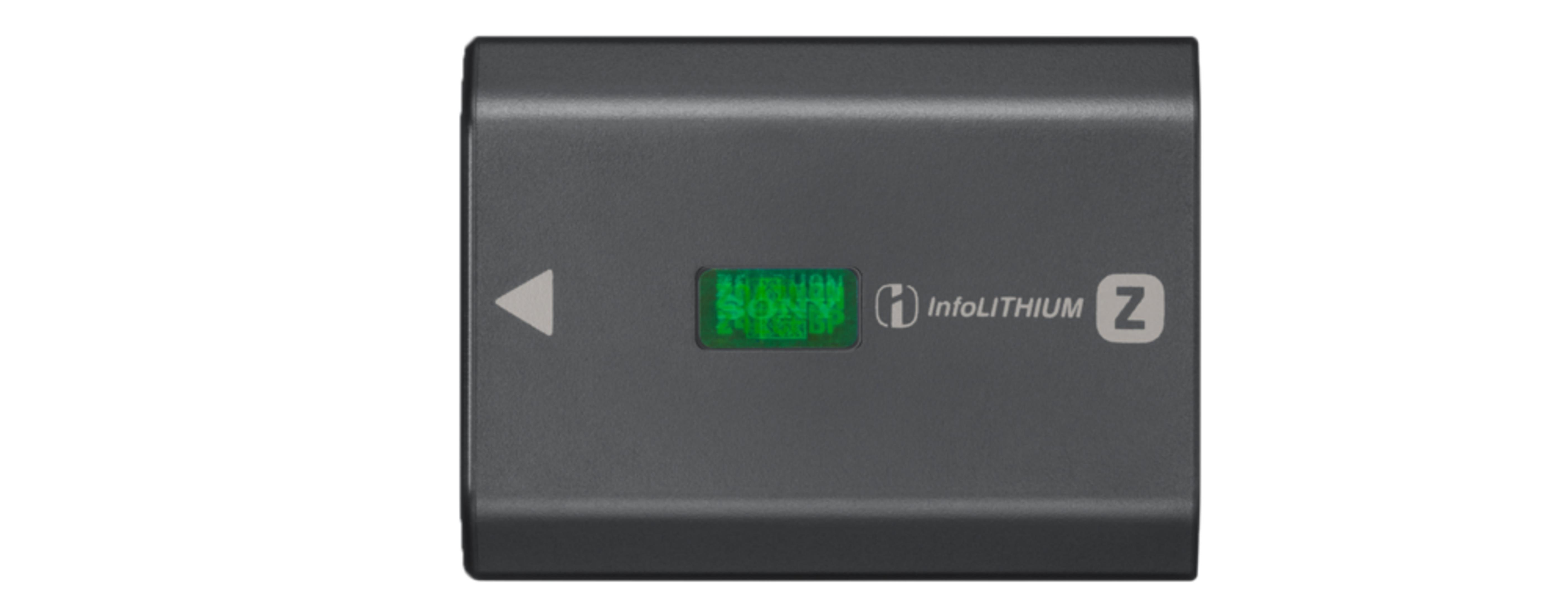 Szara bateria Sony InfoLITHIUM Z z zielonym wyświetlaczem i strzałką.