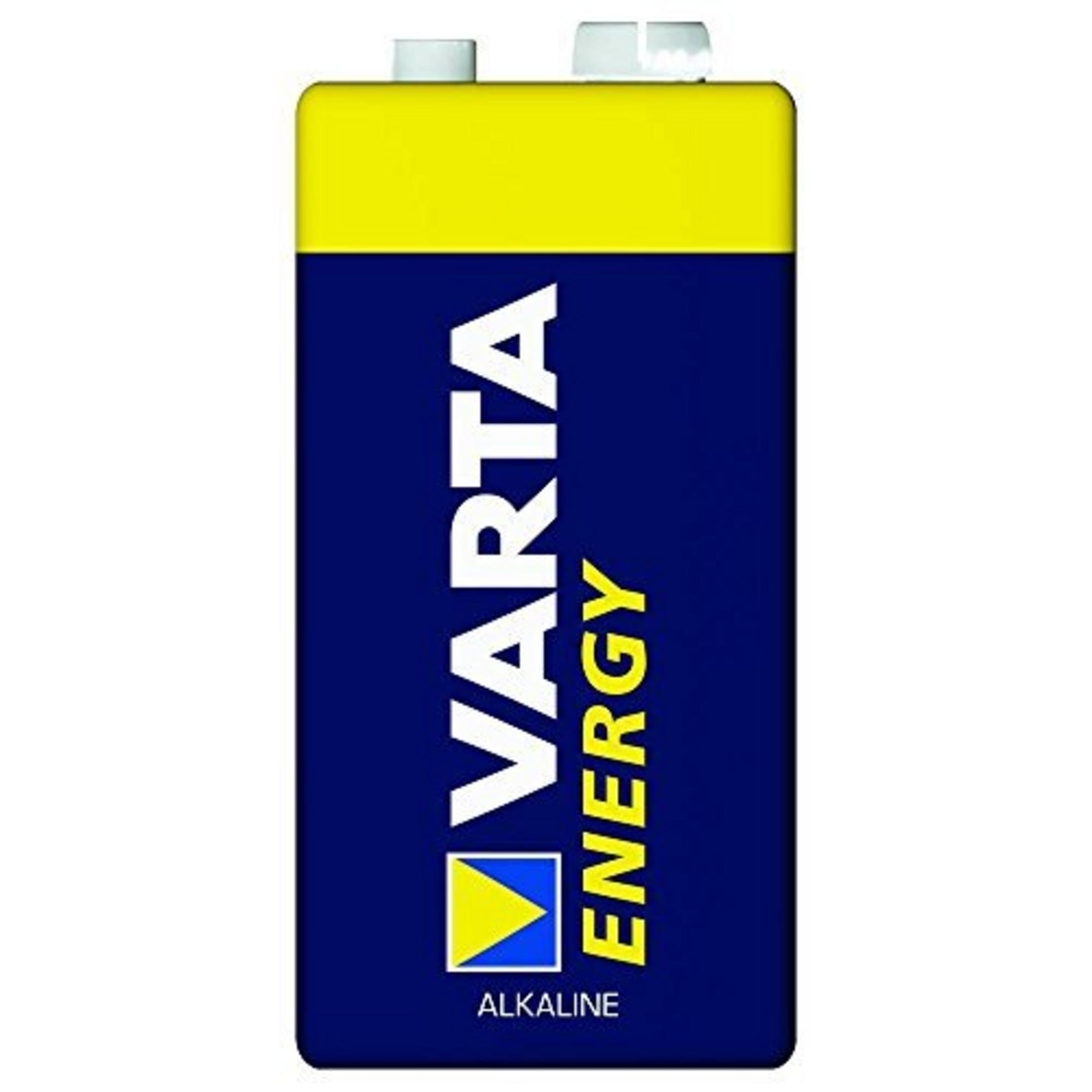 Una batería alcalina Varta de 9V con diseño azul y amarillo.
