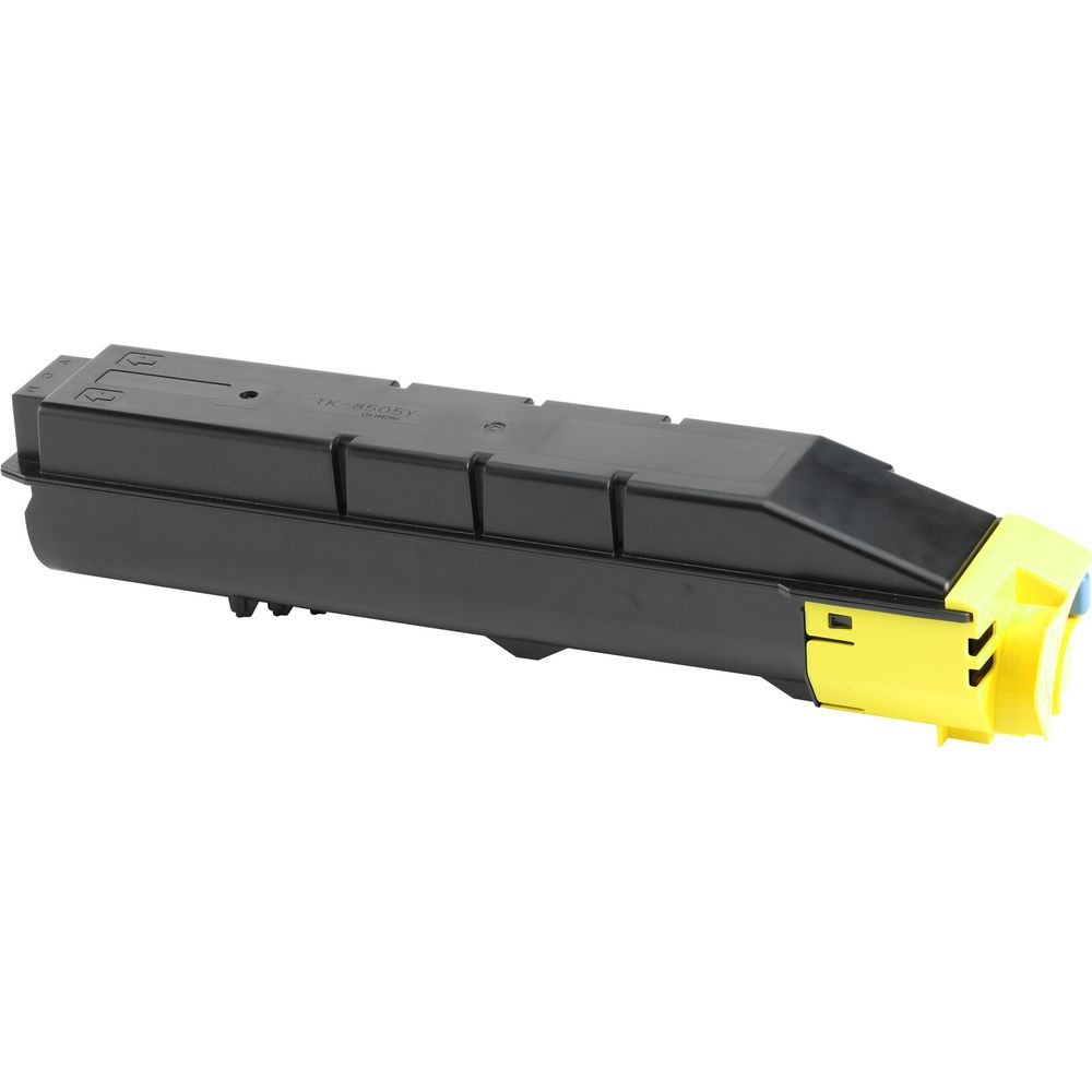 Czarny toner z żółtą końcówką i niebieskimi detalami.