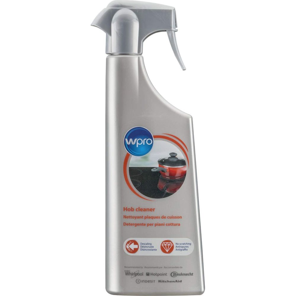Butelka spray Wipro Hob Cleaner z informacjami o czyszczeniu i garnkiem na płycie.