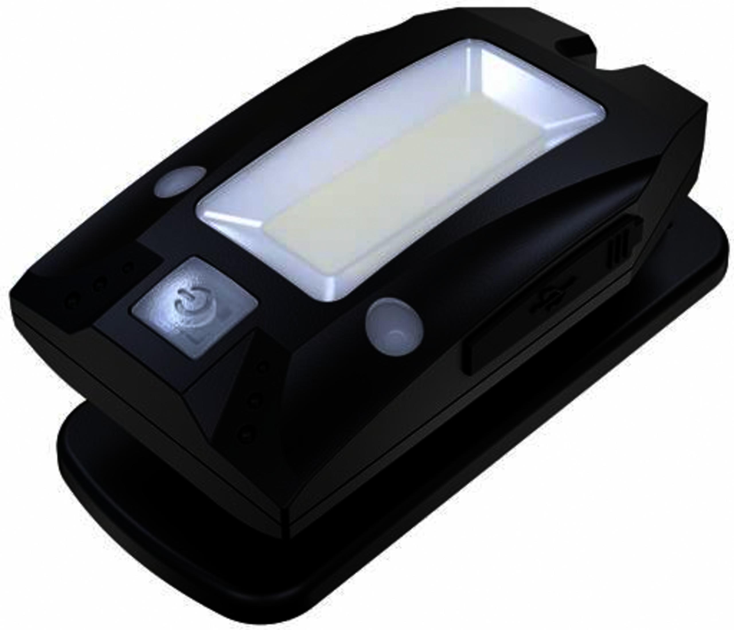 Schwarze LED-Stirnlampe mit Knopf und USB-Anschluss.