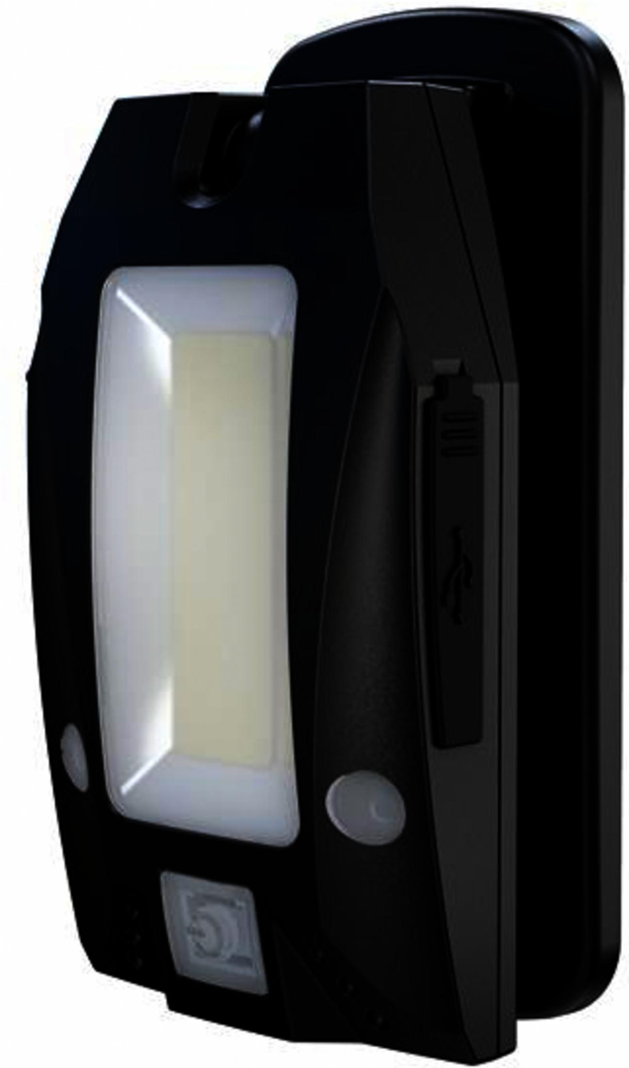 Schwarzer tragbarer LED-Strahler mit USB-Anschluss und Schalter.