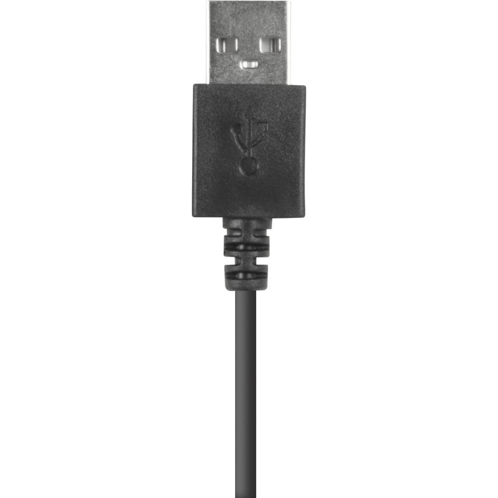 Zbliżenie czarnego złącza USB z kablem i symbolem USB.