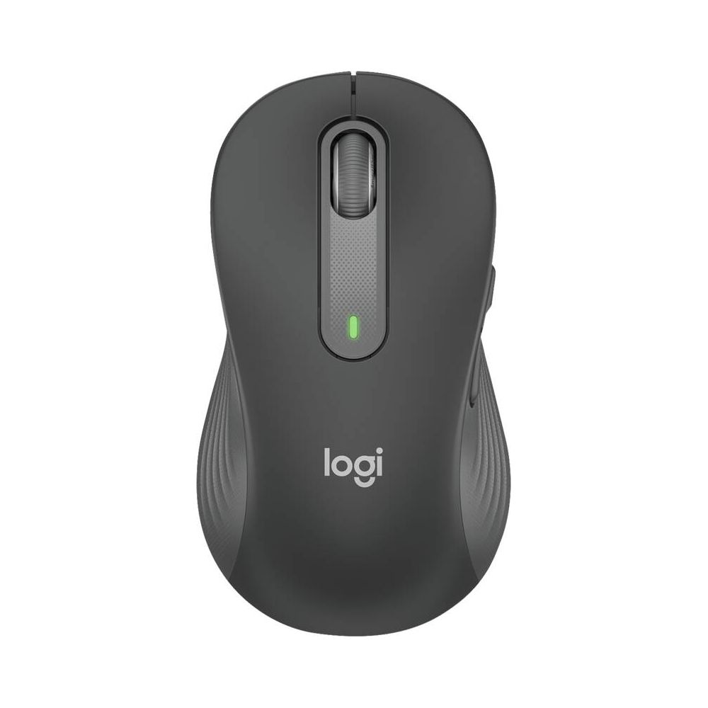 Ciemna mysz Logitech z kółkiem przewijania i zieloną lampką kontrolną.
