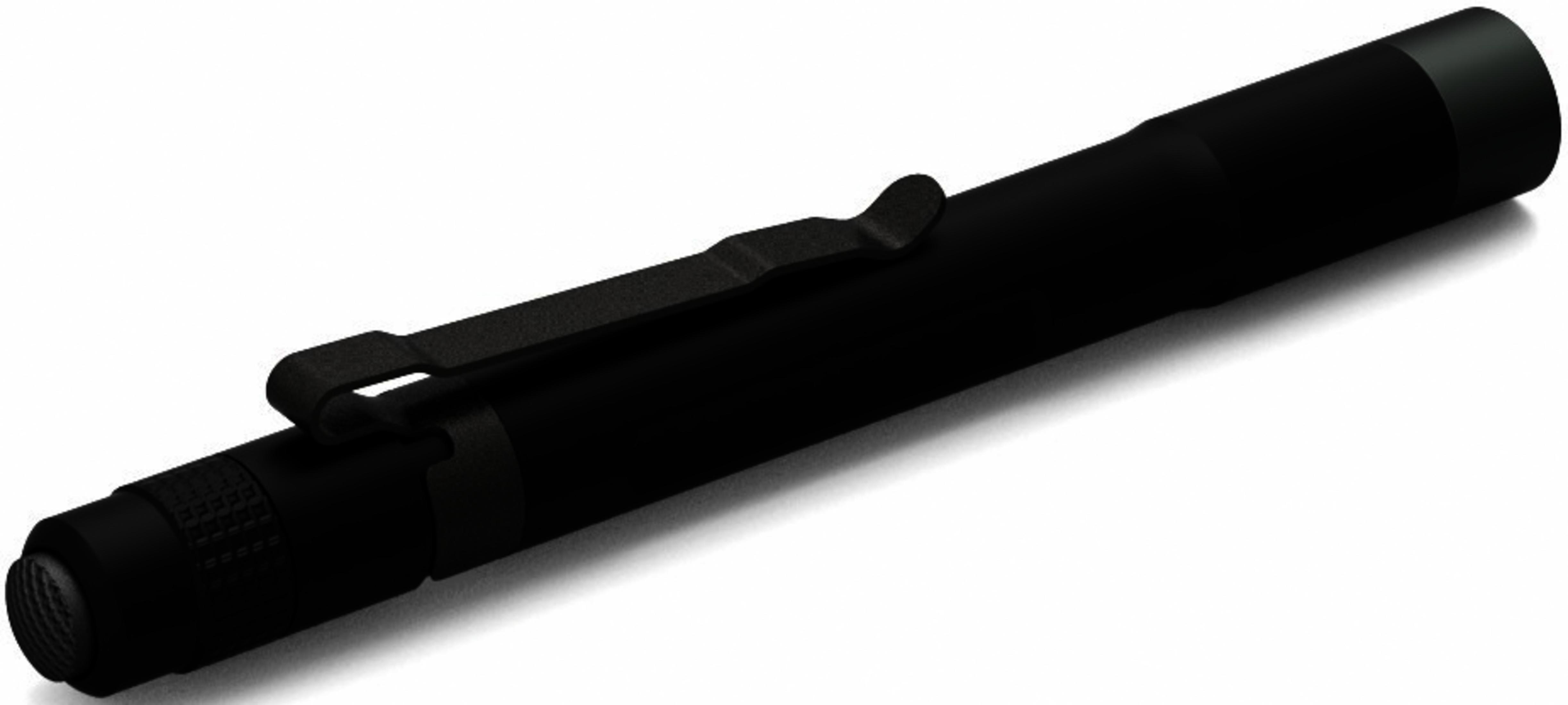Czarna latarka-długopis z klipsem. Uchwyt jest teksturowany.