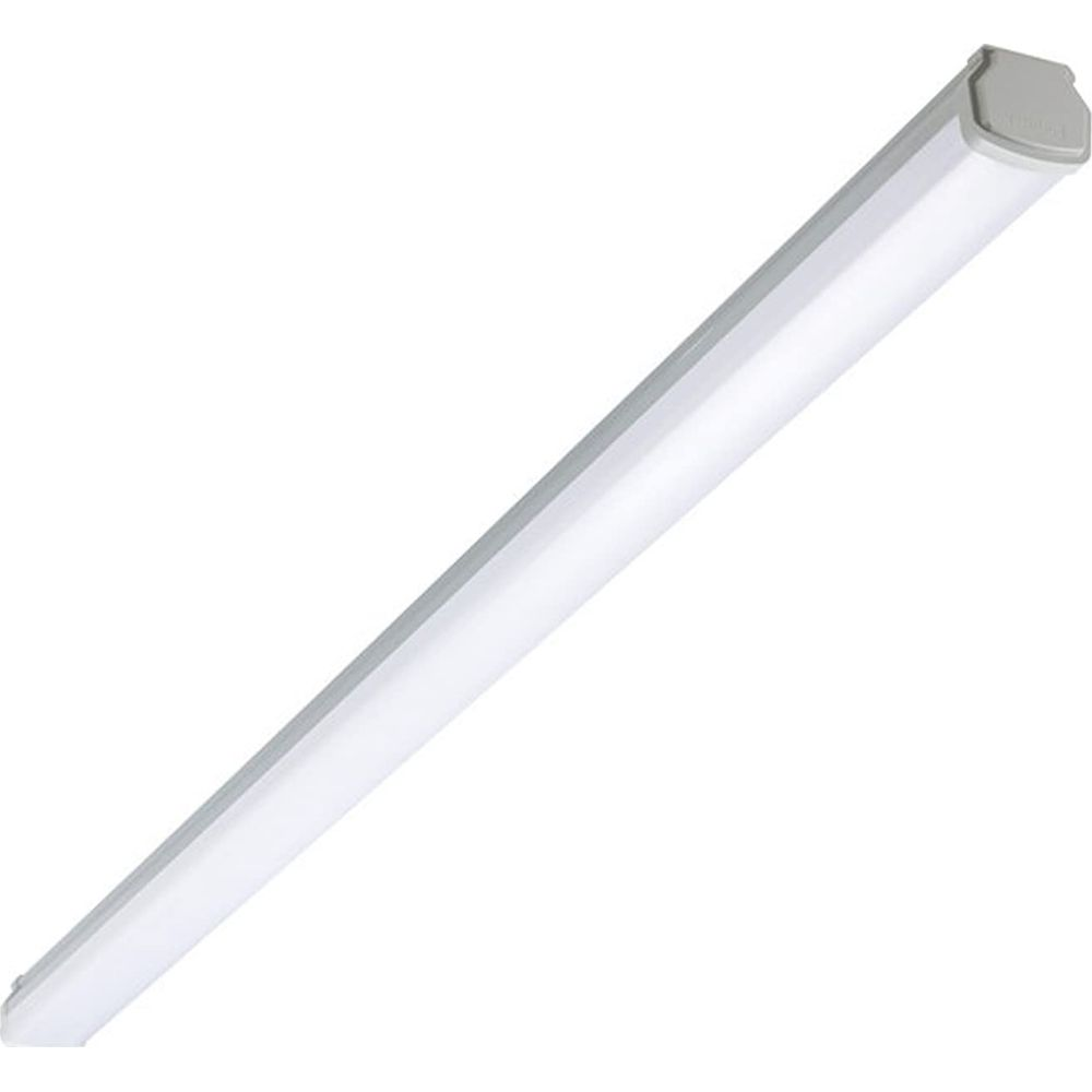 Eine weiße LED-Leuchte mit grauem Gehäuse, schräg im Bild.