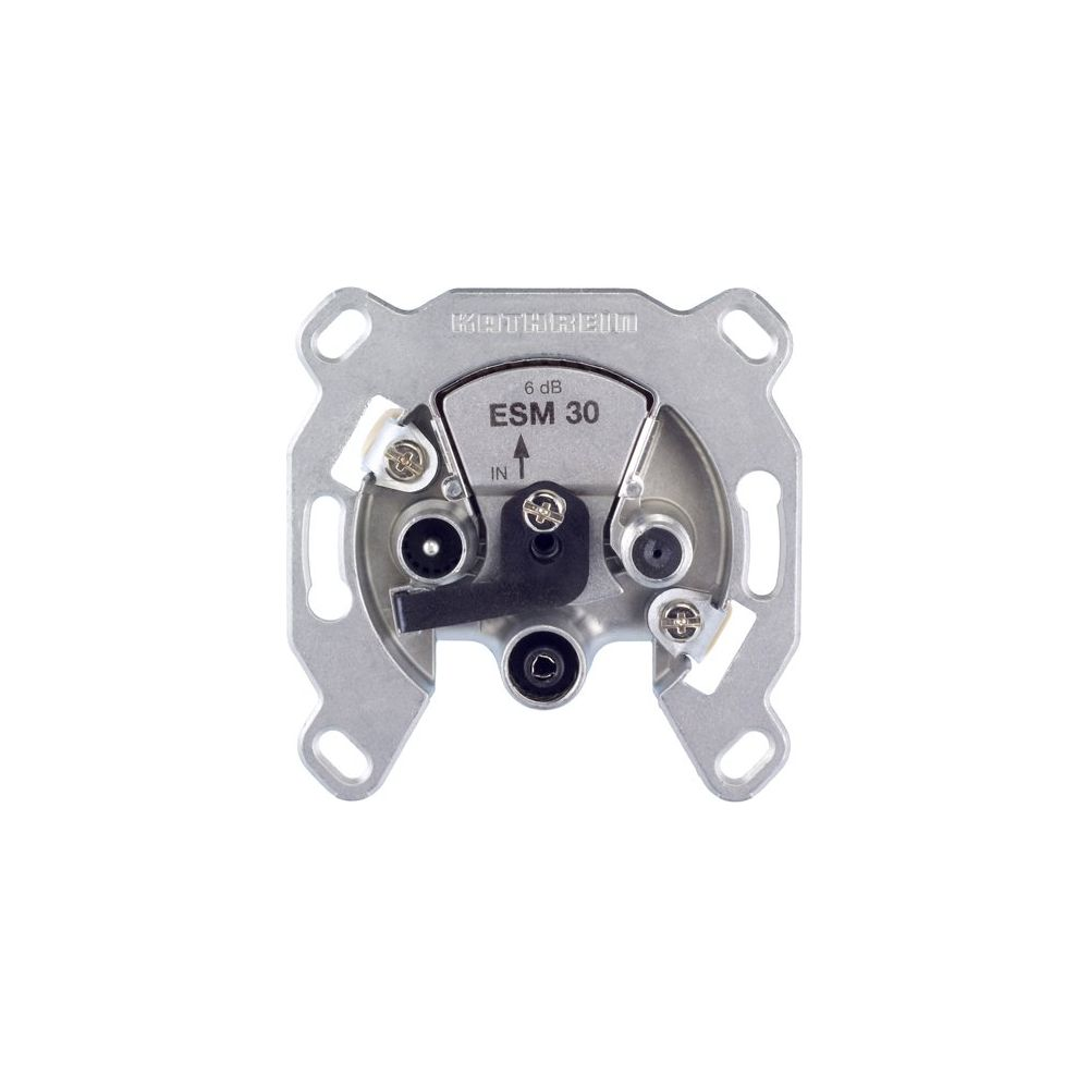 Uno splitter satellitare argentato con connettori ed etichetta ESM 30.