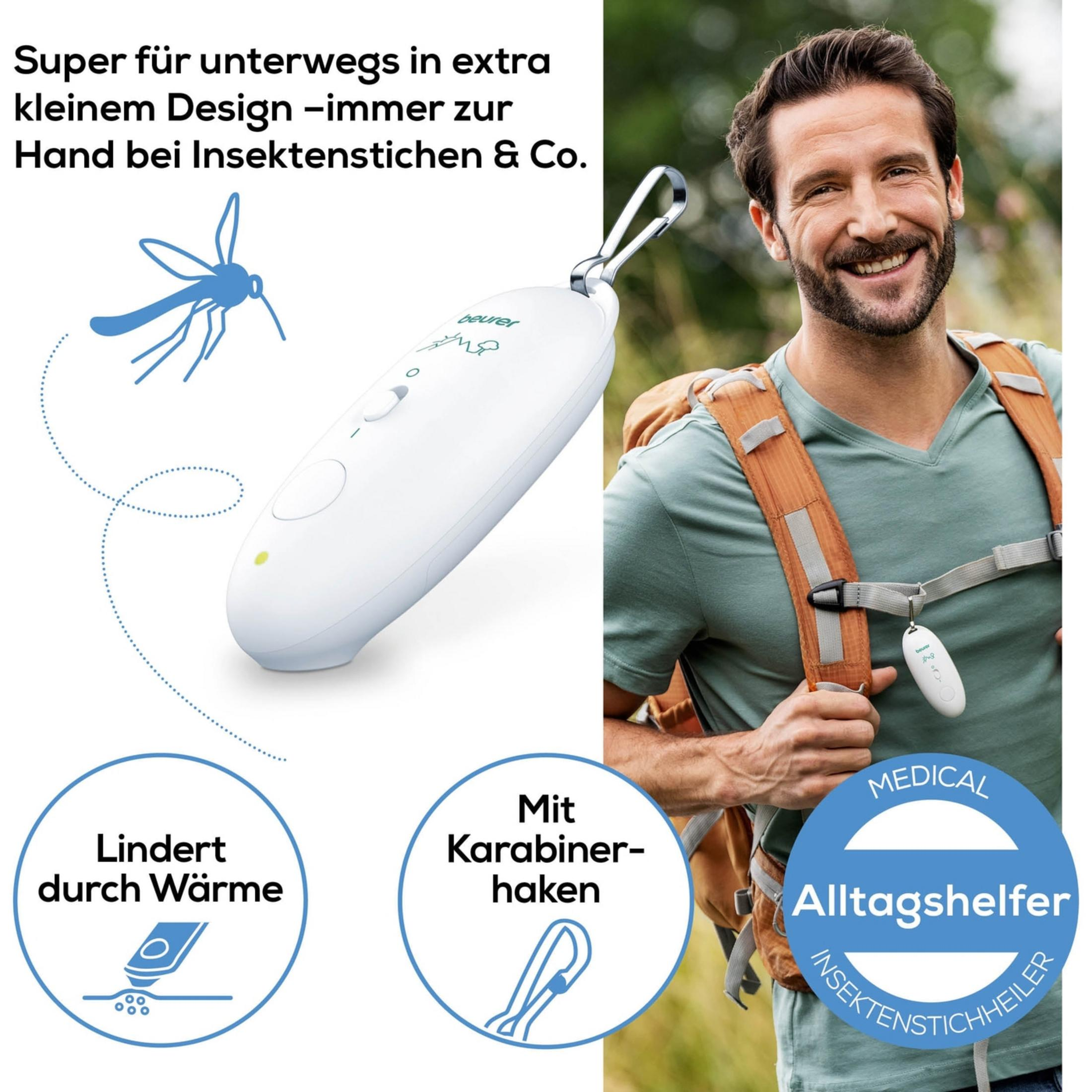 Uomo con zaino indossa healer puntura insetti. Icona zanzara blu.