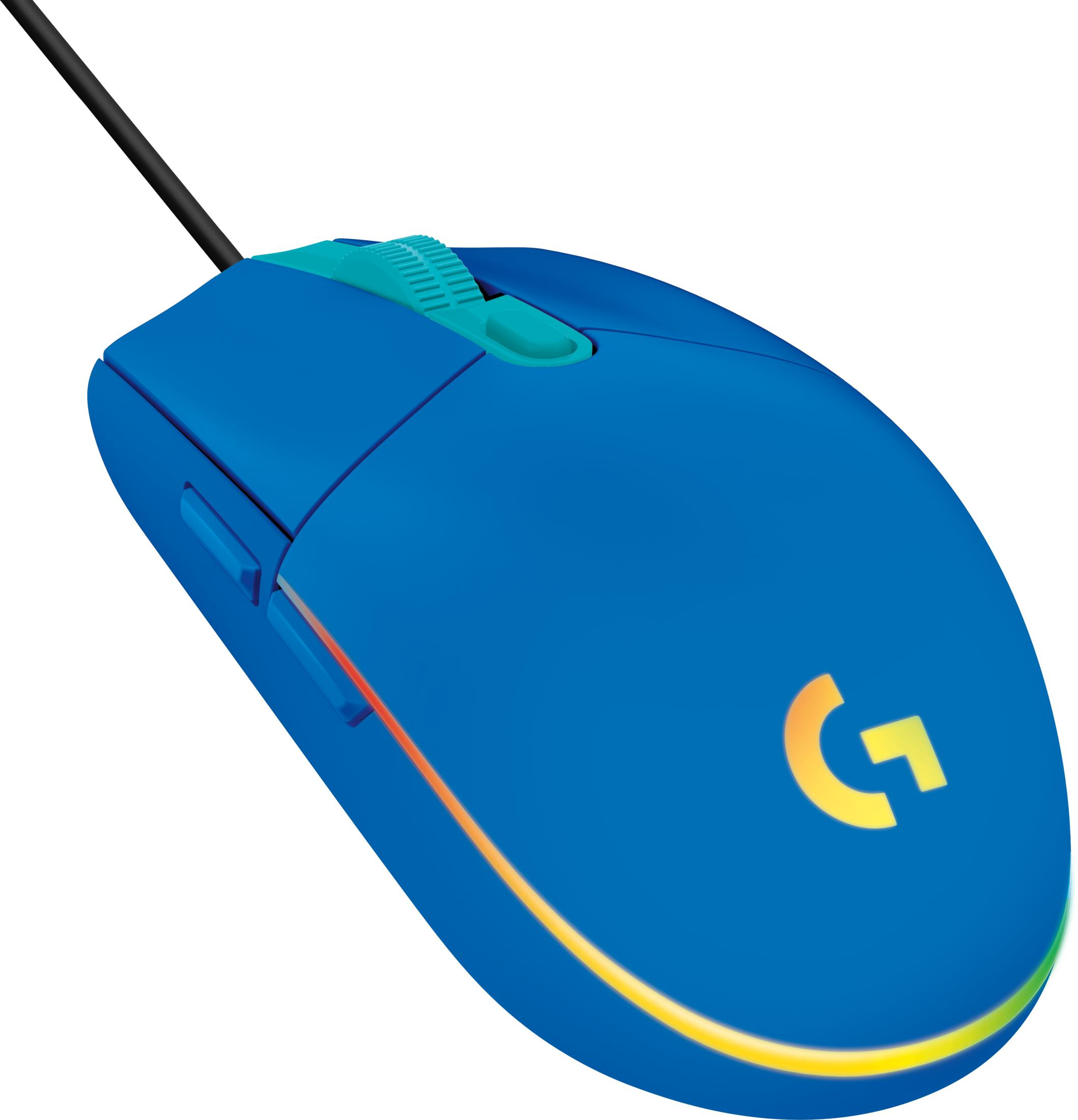 A blue gaming mouse with a Logitech logo and rainbow lighting.