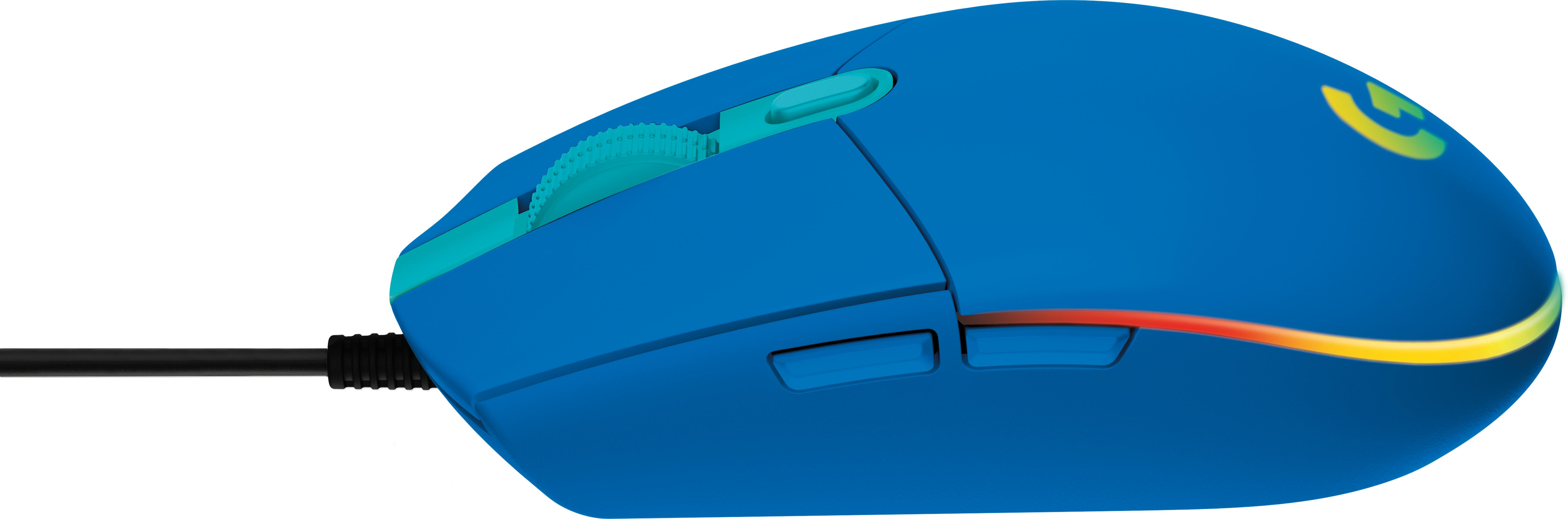 A blue computer mouse with a black cord and a logo.