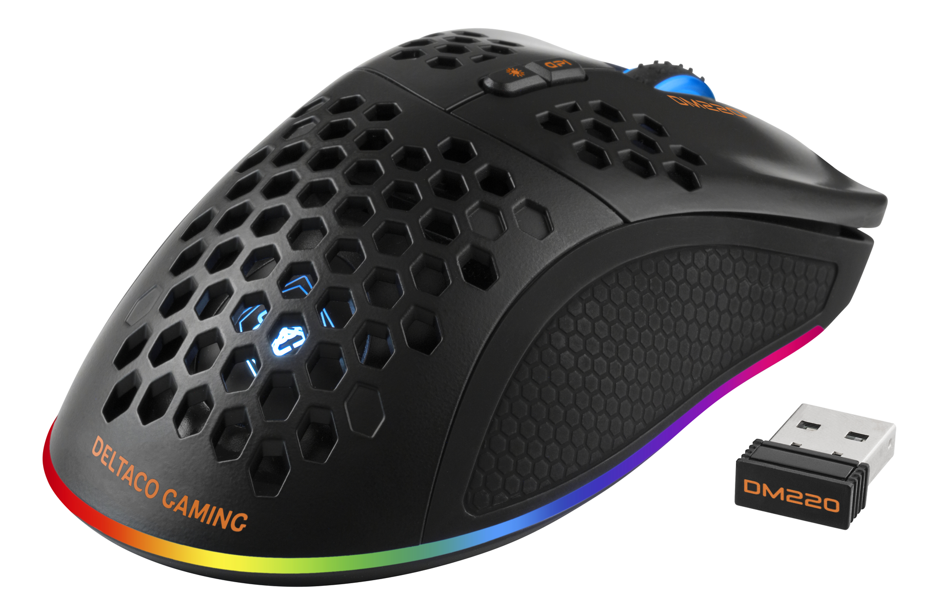 Schwarze Gaming-Maus mit Wabenmuster und RGB-Beleuchtung, daneben ein USB-Dongle.