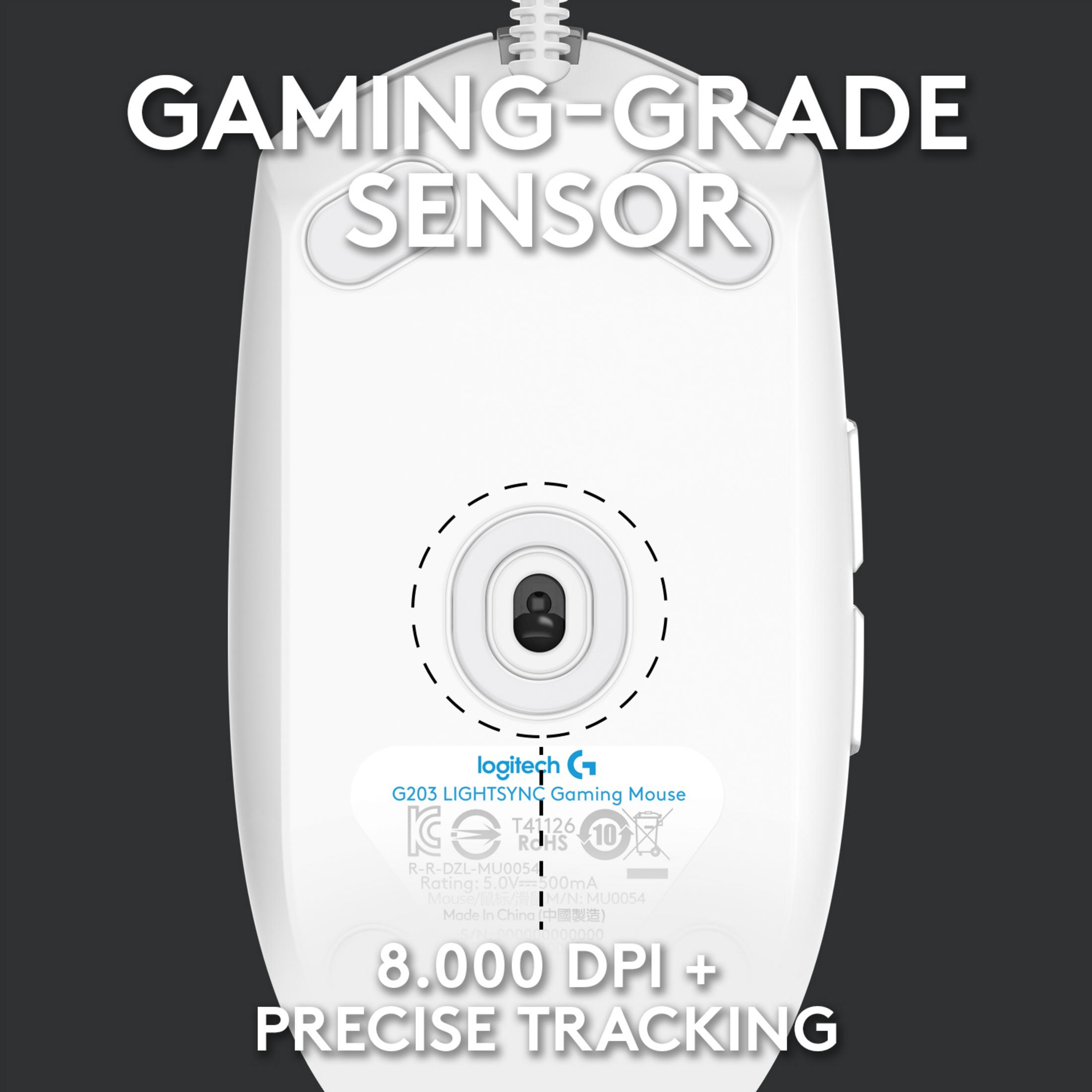 Biała mysz gamingowa Logitech G203 od spodu z sensorem i danymi technicznymi.