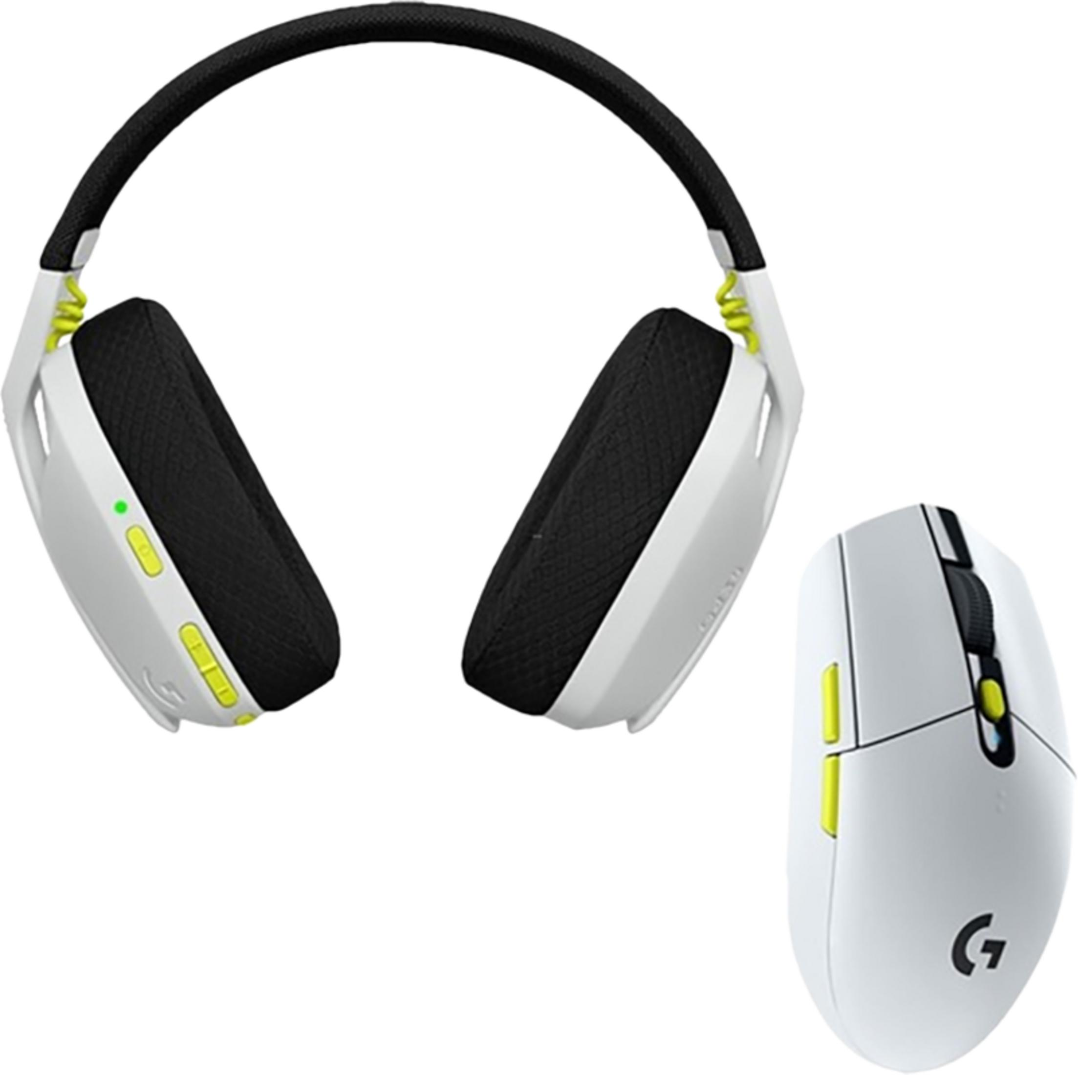 Cuffie bianche da gaming con archetto nero e dettagli gialli accanto a un mouse da gaming bianco.