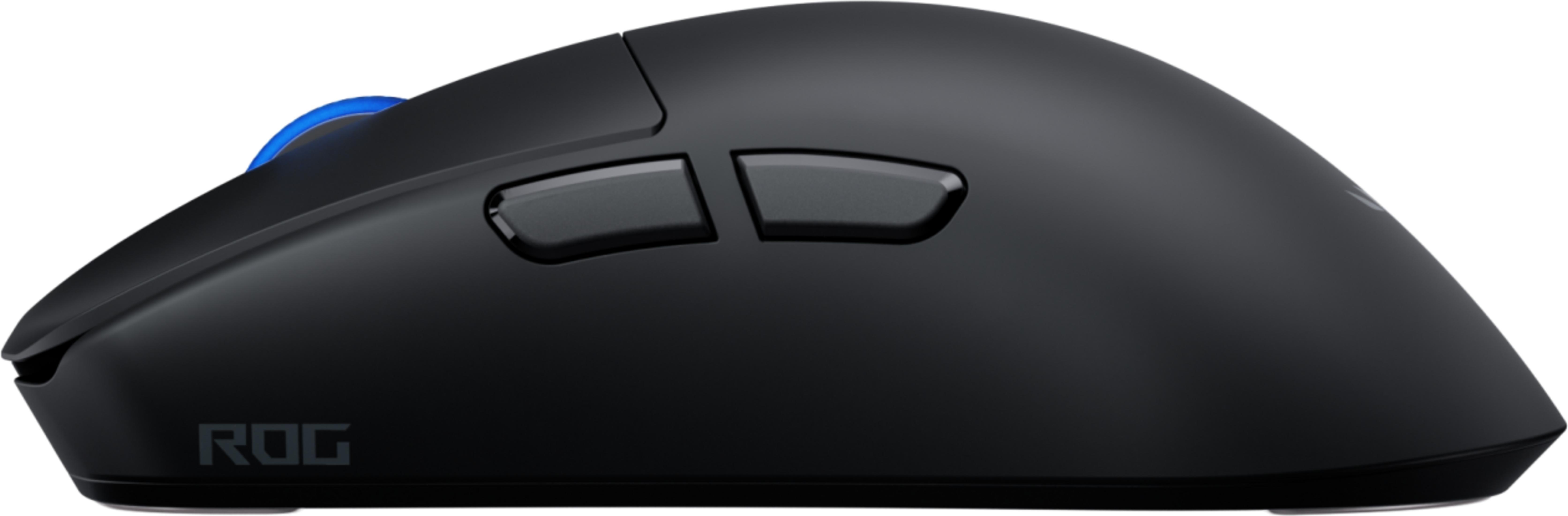 Czarna mysz z niebieskimi akcentami i dwoma przyciskami bocznymi. Widoczne logo ROG.