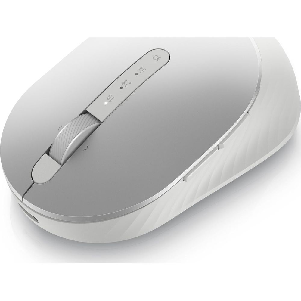 Zbliżenie białej i srebrnej myszy komputerowej z kółkiem przewijania i przyciskami.