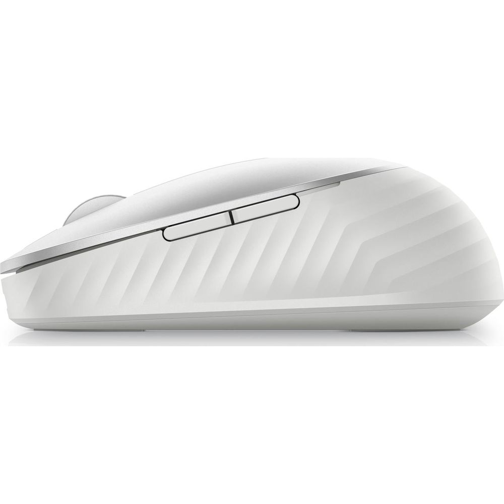 Biała mysz komputerowa z srebrnym akcentem i prążkowaną fakturą.