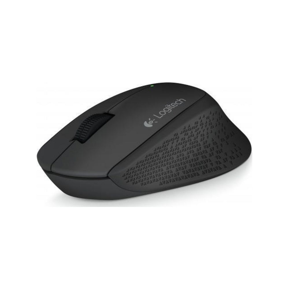 Czarna mysz Logitech z teksturowanym kółkiem przewijania i logo Logitech.