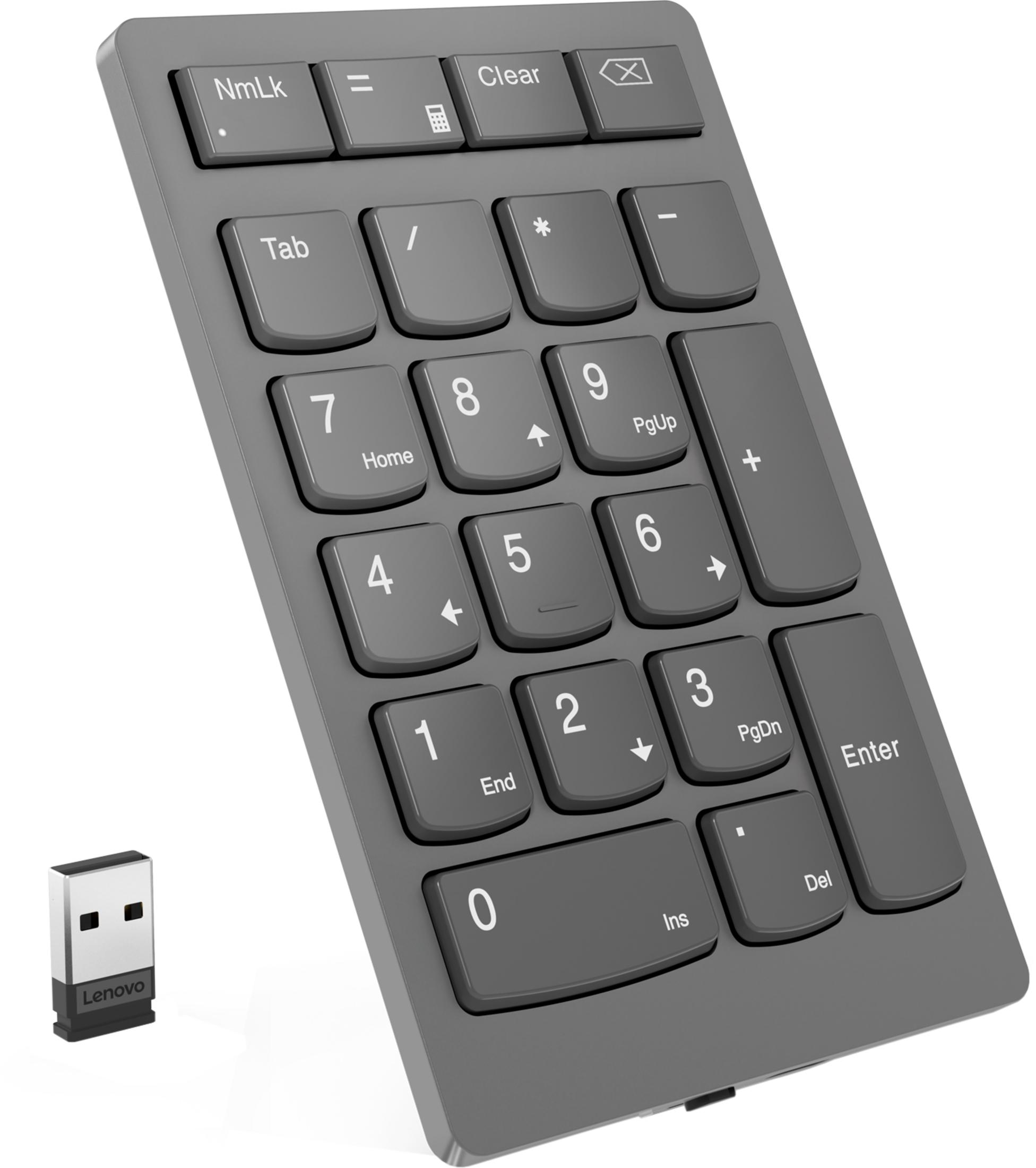 Szara bezprzewodowa klawiatura numeryczna z kluczem USB, z klawiszami Enter, Clear.