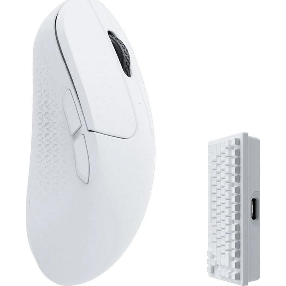 Biała mysz komputerowa i biały odbiornik USB ze wzorem klawiatury.