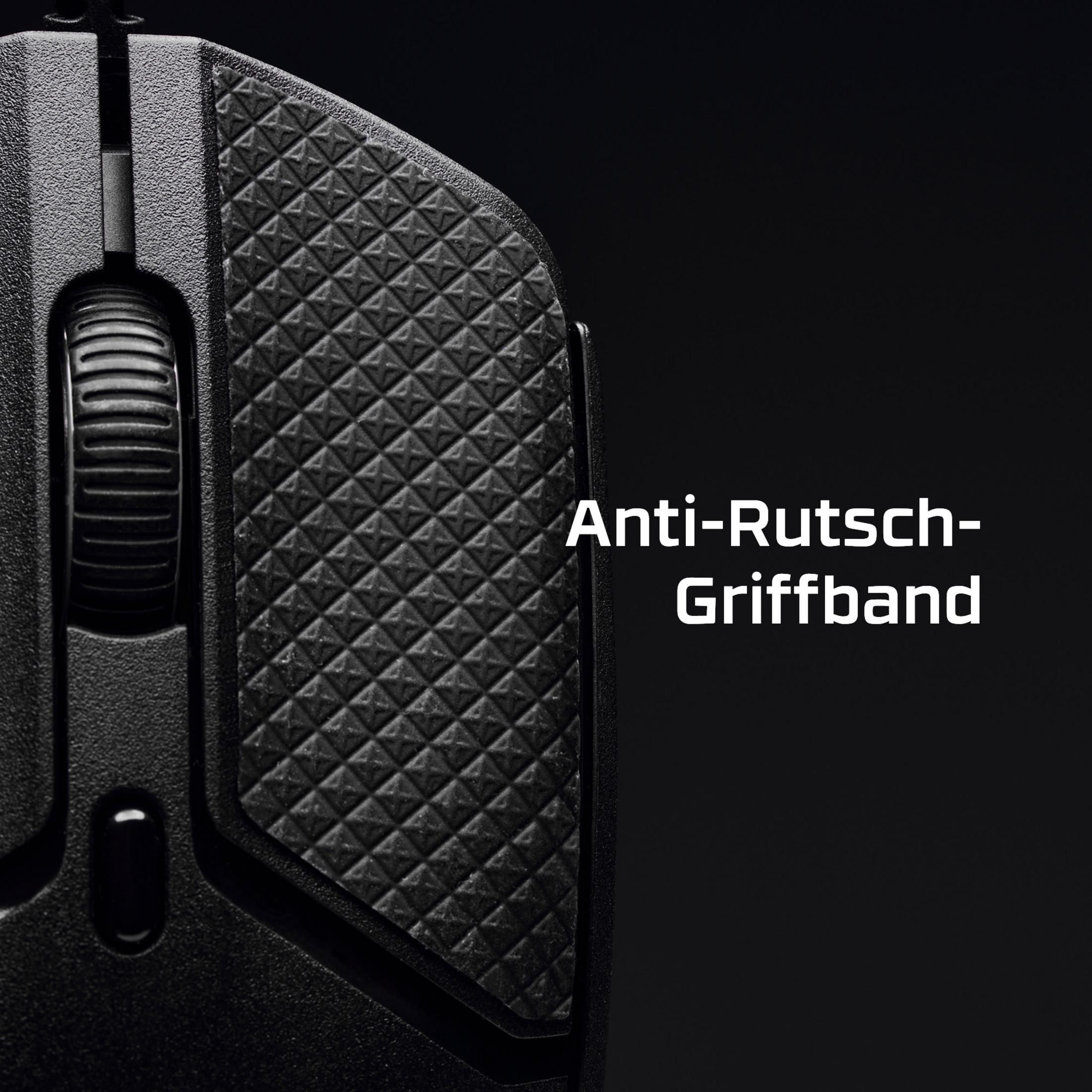 Primo piano di un mouse per computer nero con rotellina di scorrimento zigrinata e fascia grip testurizzata.