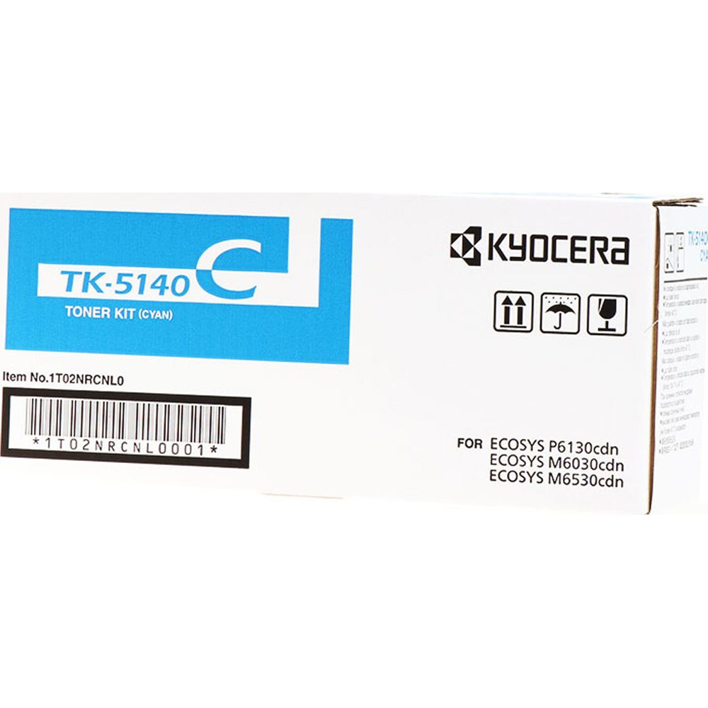 Boîte de toner Kyocera TK-5140 cyan avec code-barres et modèles d'imprimantes.