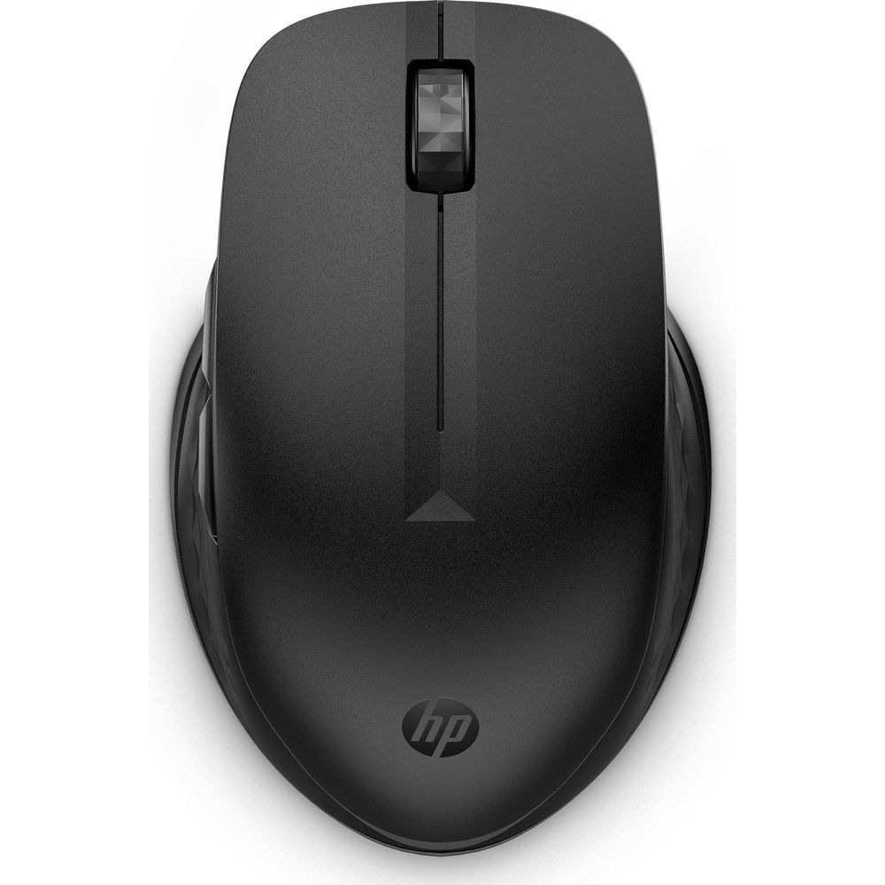 Czarna mysz komputerowa HP z kółkiem i przyciskami.