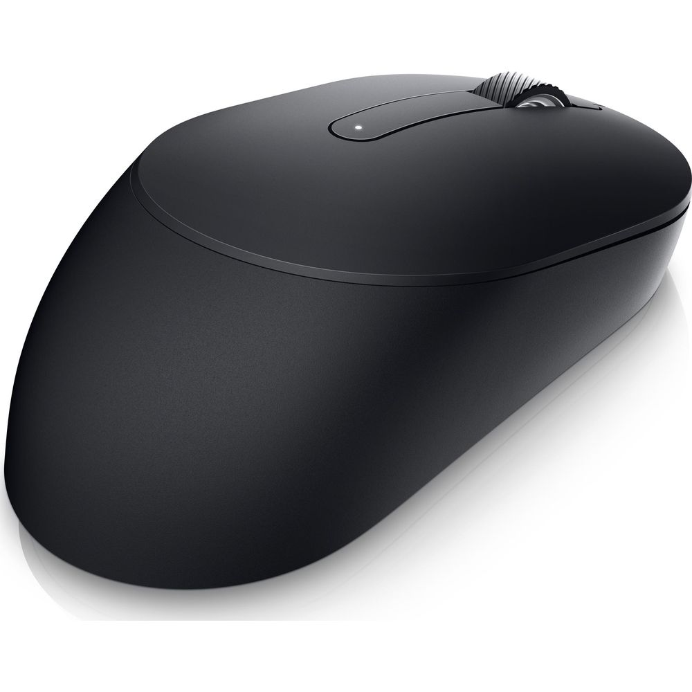 Czarna mysz komputerowa z kółkiem przewijania i białym wskaźnikiem.