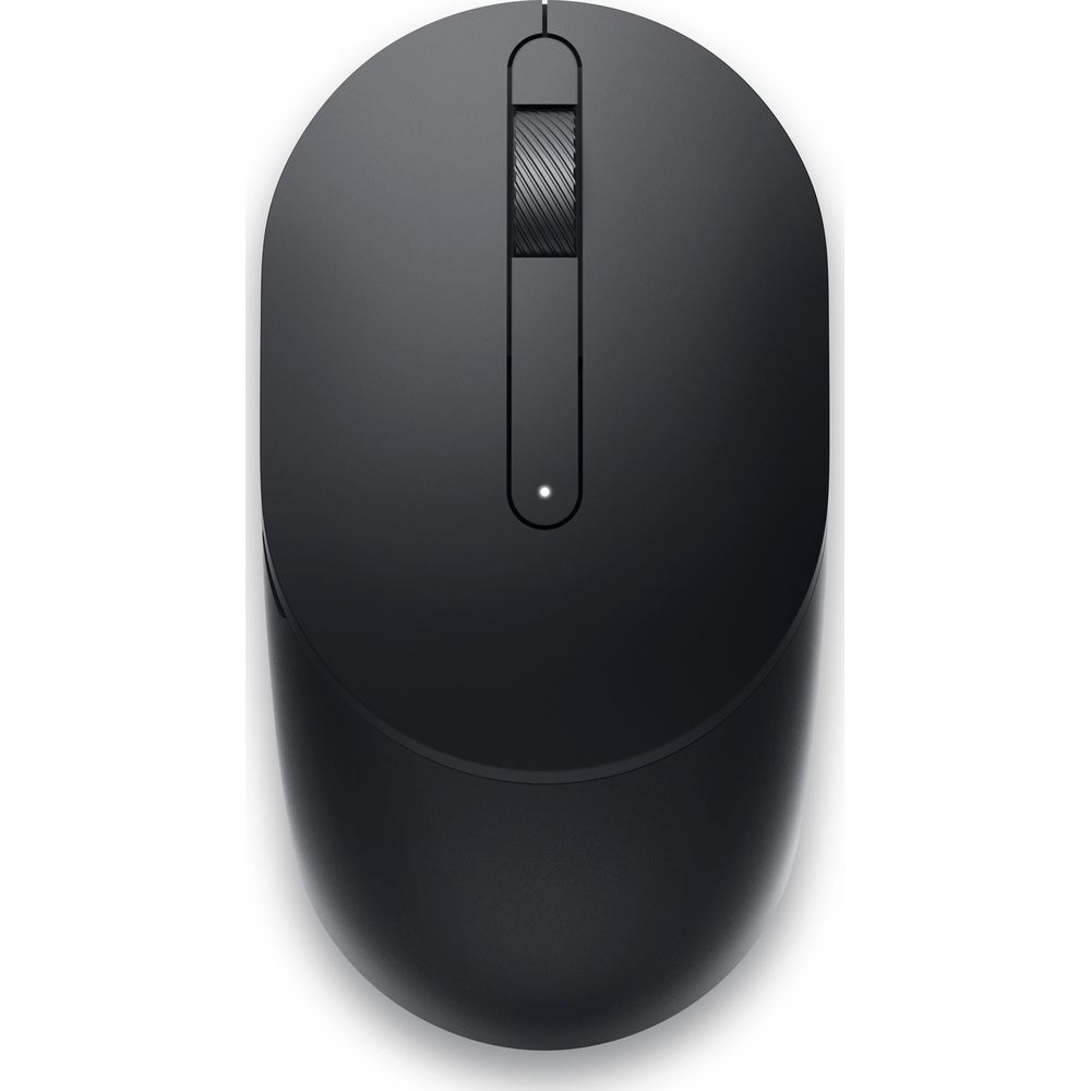 Czarna mysz komputerowa z kółkiem przewijania i małą białą diodą LED.