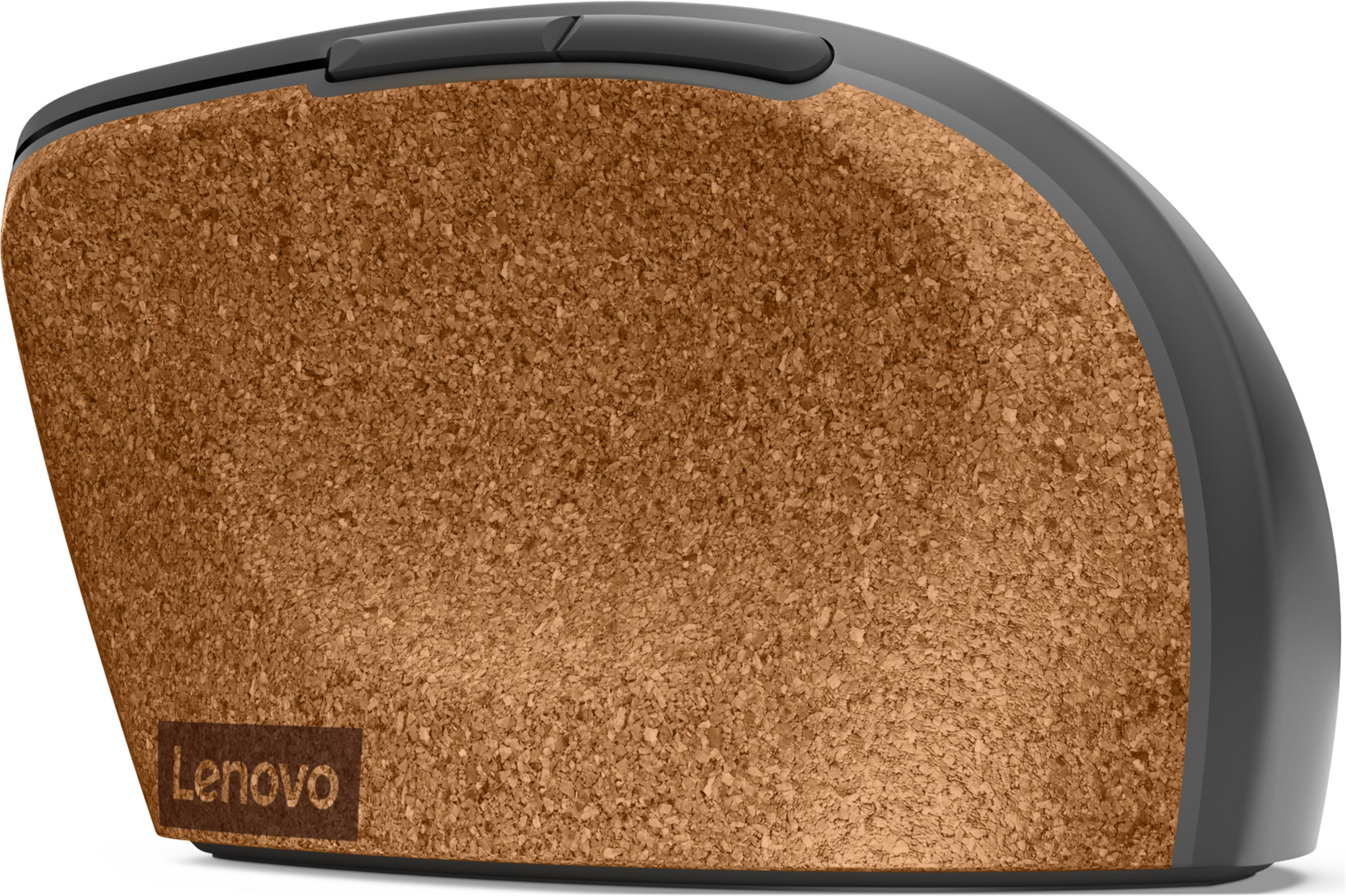Szara mysz z korkowo-brązowym panelem bocznym i logo Lenovo.