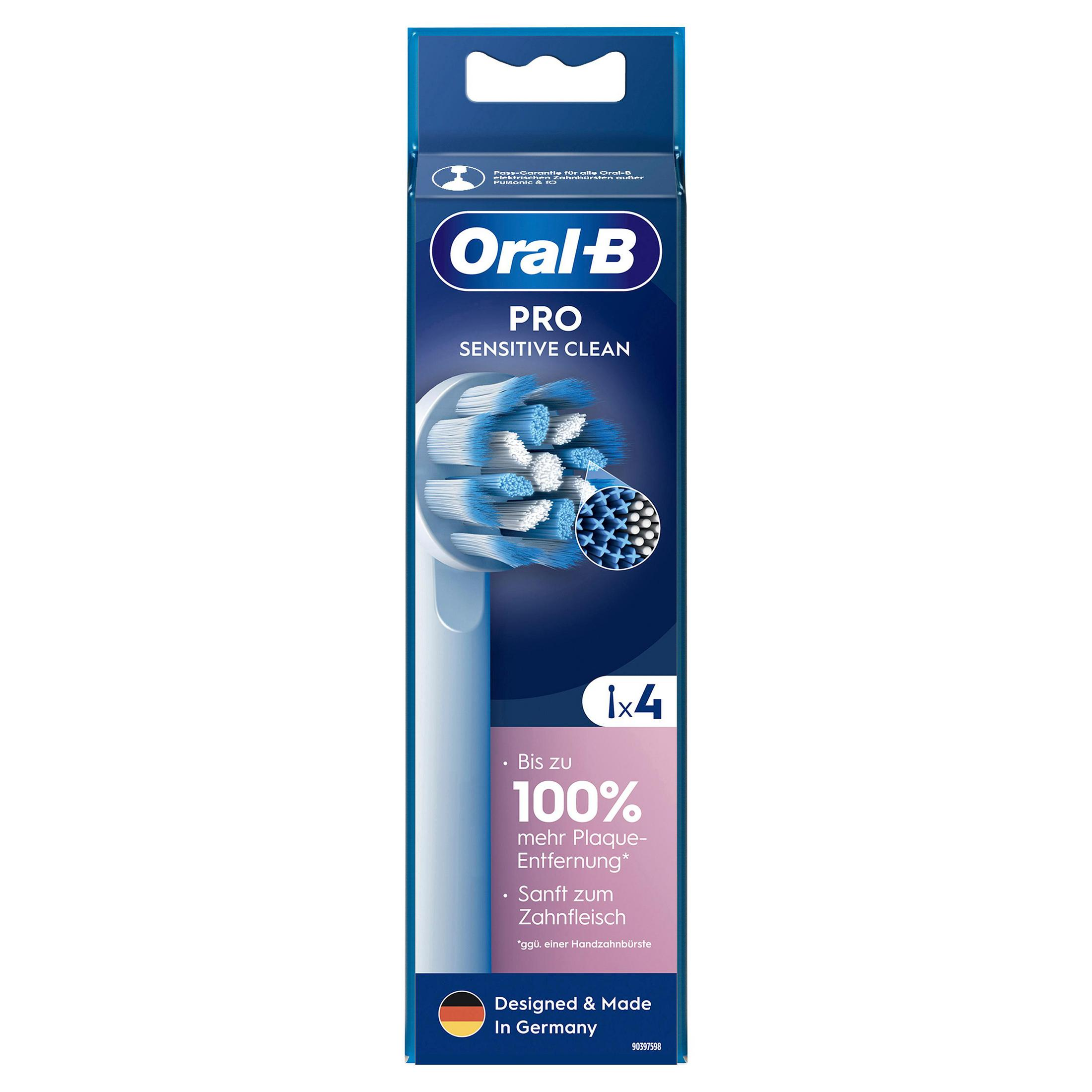 Opakowanie 4 końcówek Oral-B PRO Sensitive Clean. Niebieski i biały.