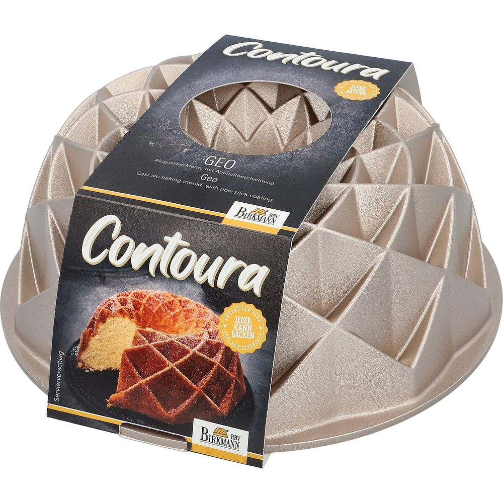 Eine goldene Kastenform mit geometrischem Muster und Verpackung.