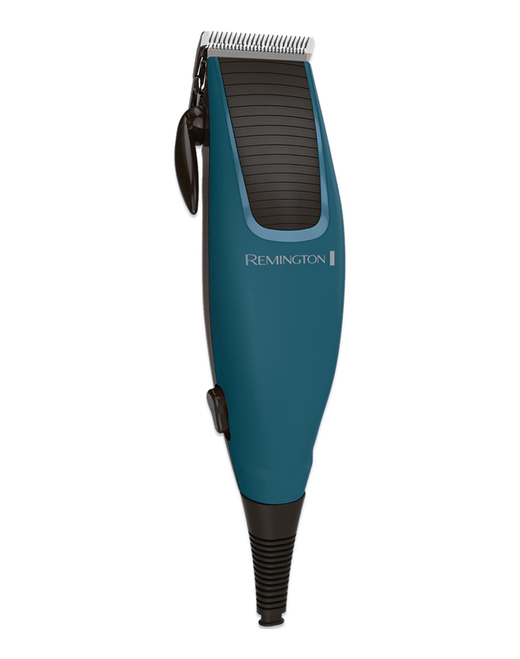 Una cortapelos Remington verde azulado con mango negro y ajuste de cuchilla.