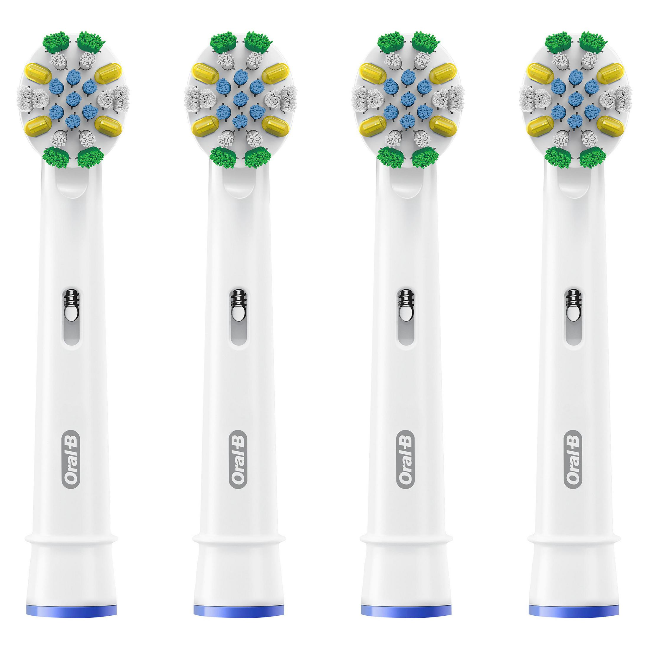 Cztery białe główki szczoteczki Oral-B z niebieskimi, żółtymi i zielonymi włoskami.