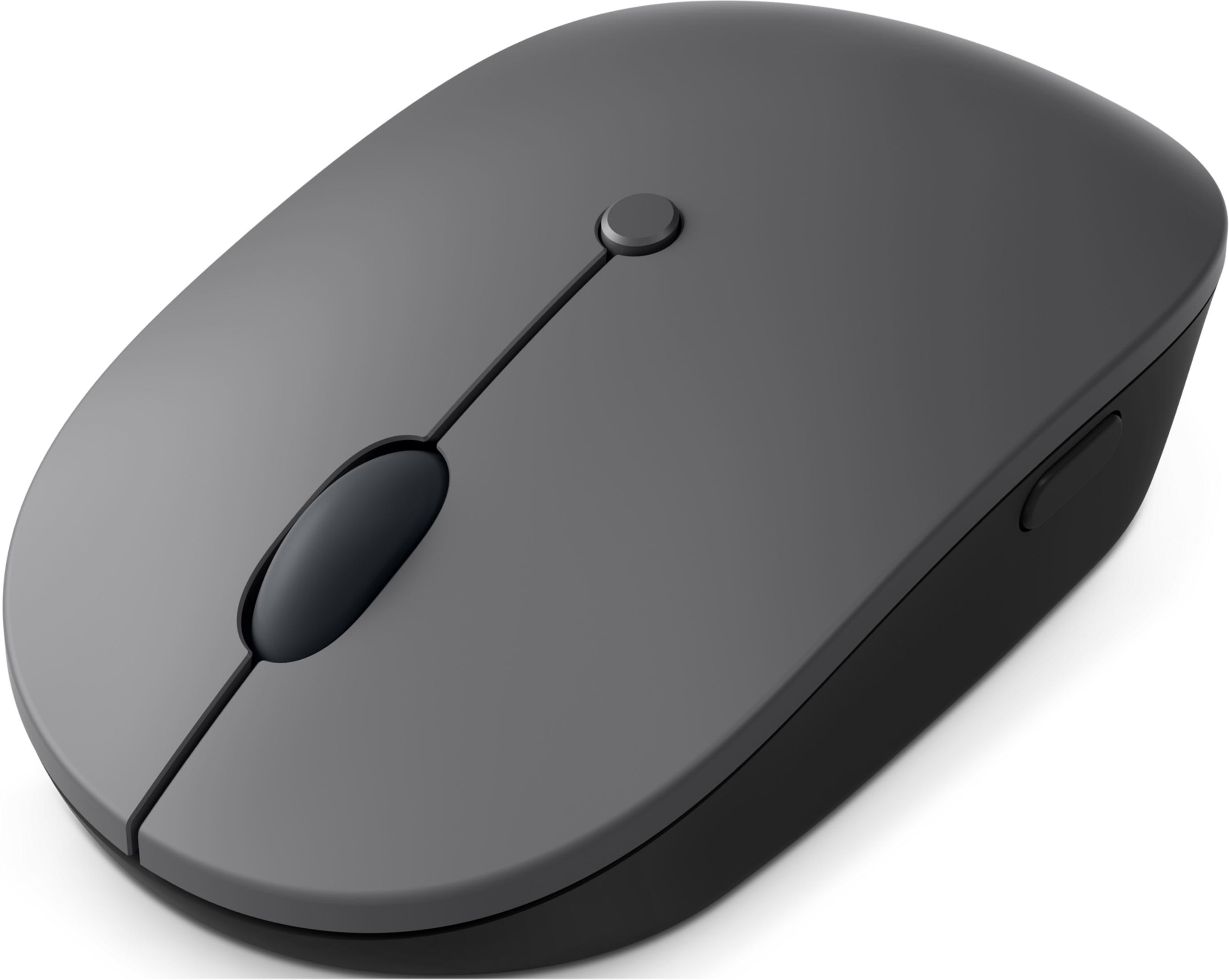 Szara mysz komputerowa z czarnym kółkiem i przyciskami.