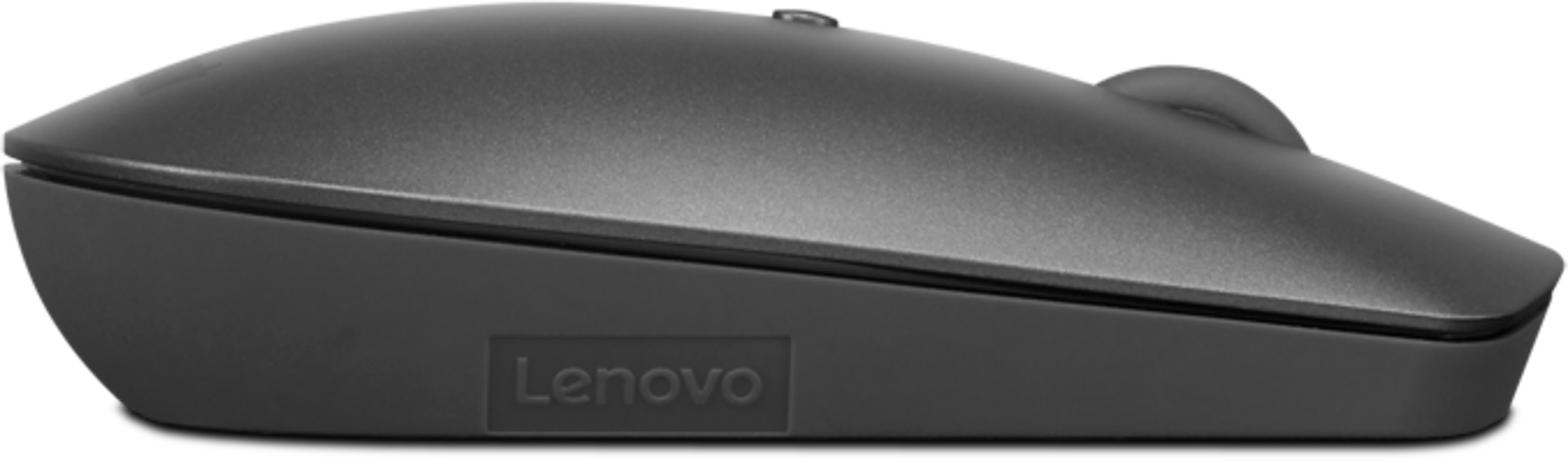Szara mysz Lenovo o zaokrąglonym kształcie z bocznym logo.