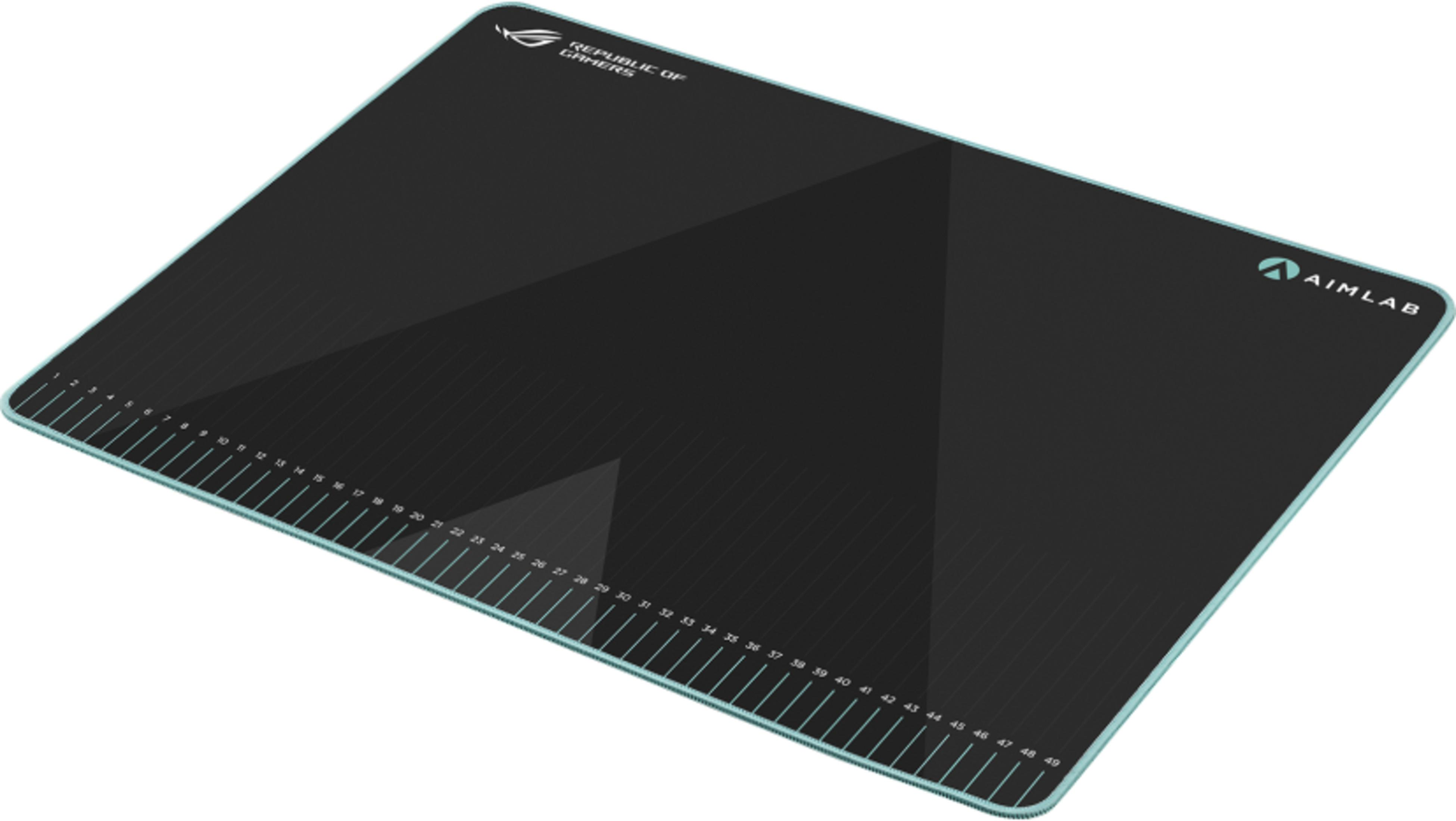 Zwarte gaming muismat met een turquoise rand en liniaalmarkeringen.