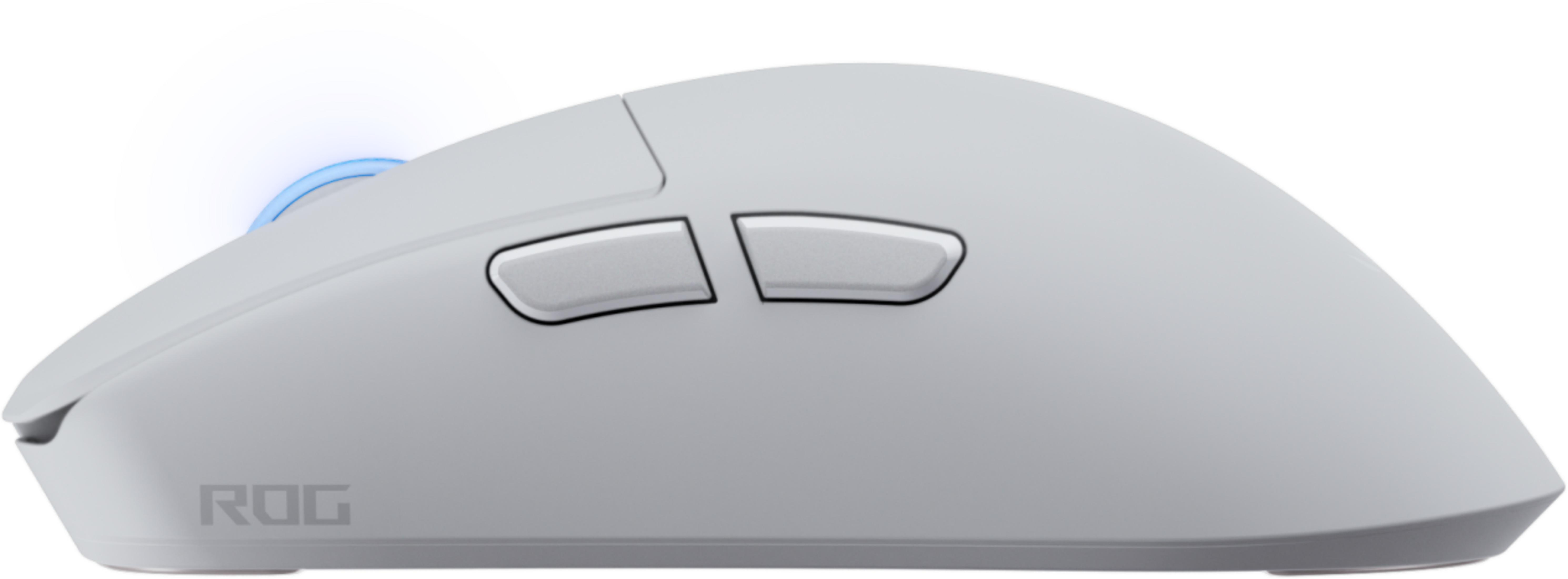 Biała mysz z niebieskim podświetleniem i logo ROG.