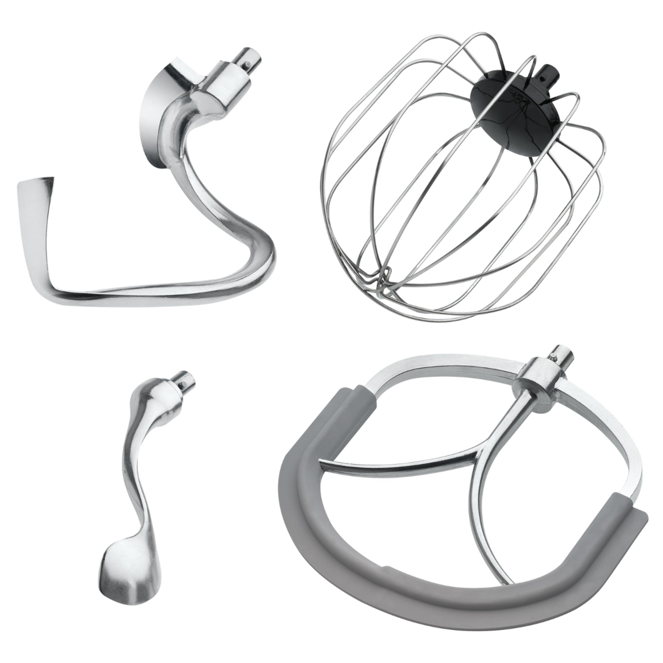 Cztery akcesoria miksera: hak do ciasta, trzepaczka, mieszadło, skrobak.