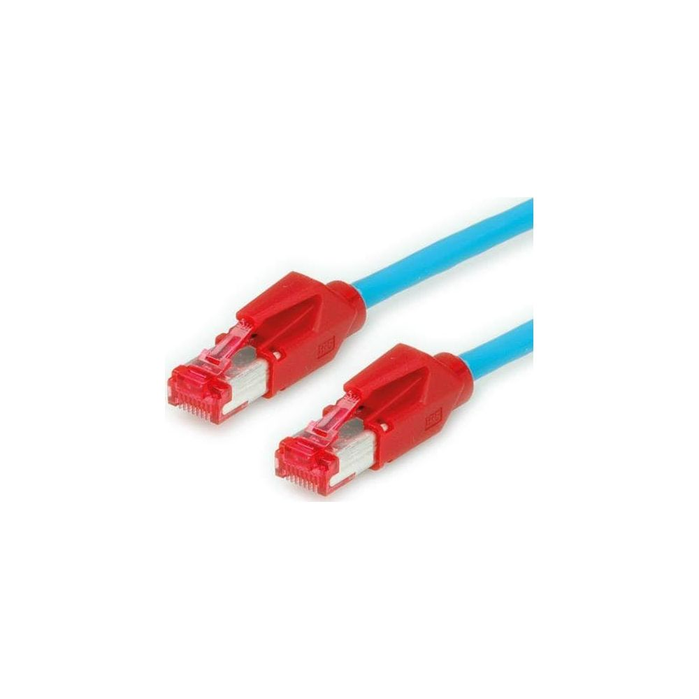 Deux câbles réseau bleus avec connecteurs rouges sur fond blanc.
