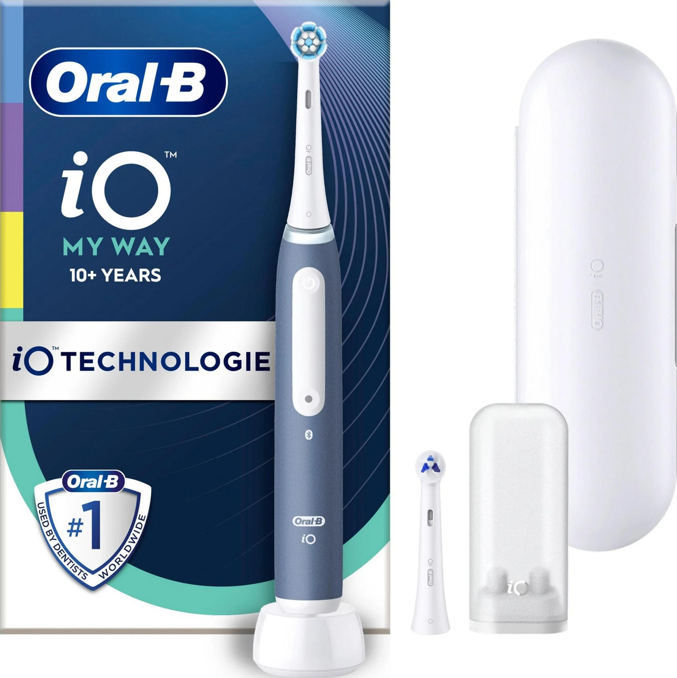 Elektryczna szczoteczka do zębów Oral-B iO z ładowarką, końcówkami i etui.
