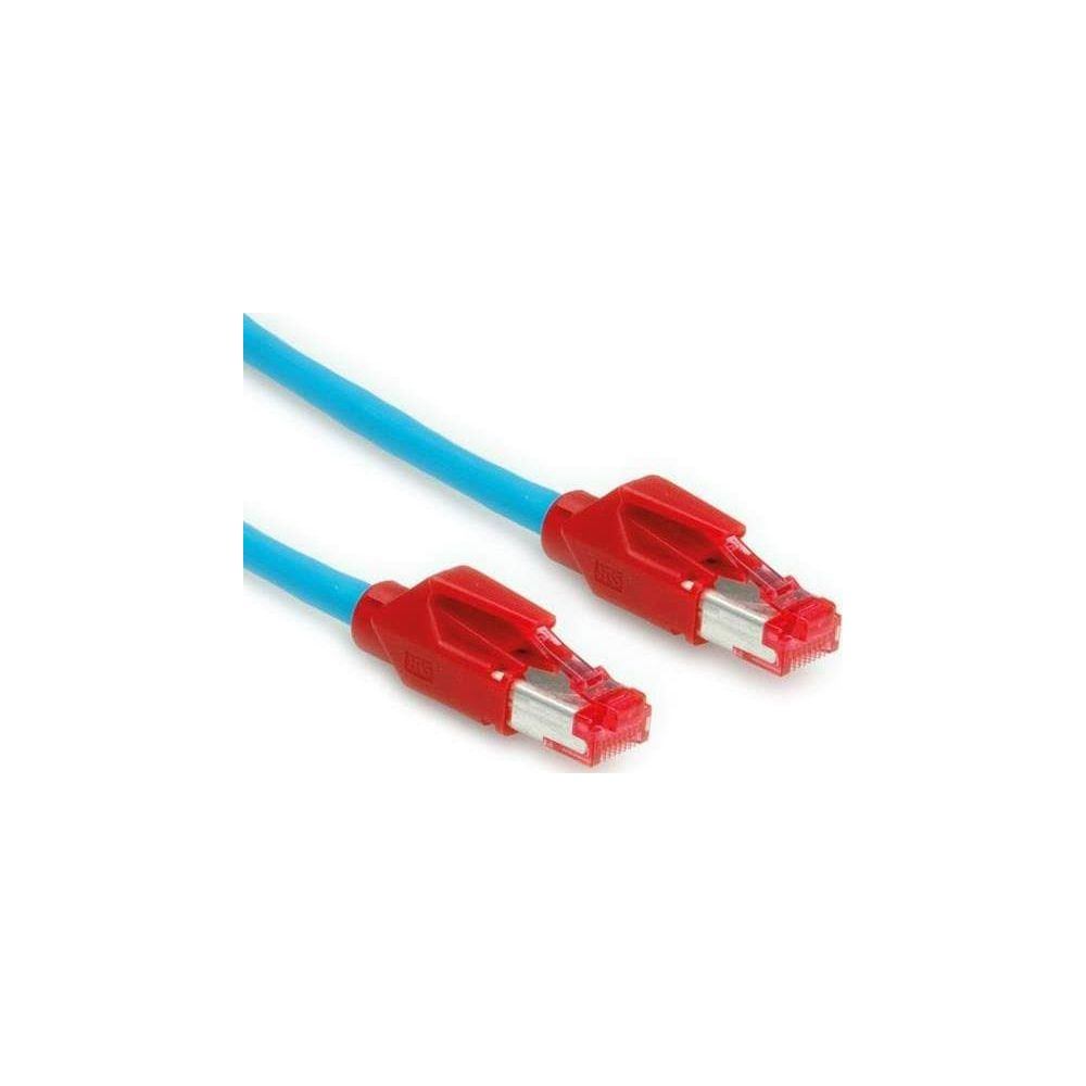 Un câble réseau bleu avec deux connecteurs RJ45 rouges sur fond blanc.