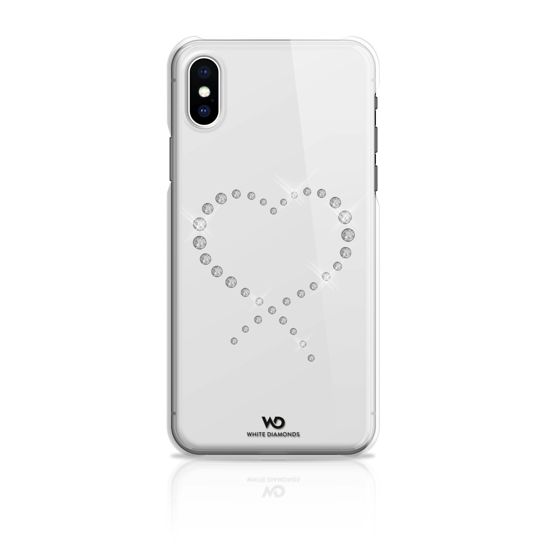 Ein weißes Smartphone mit einem Herz aus Kristallen auf der Rückseite.