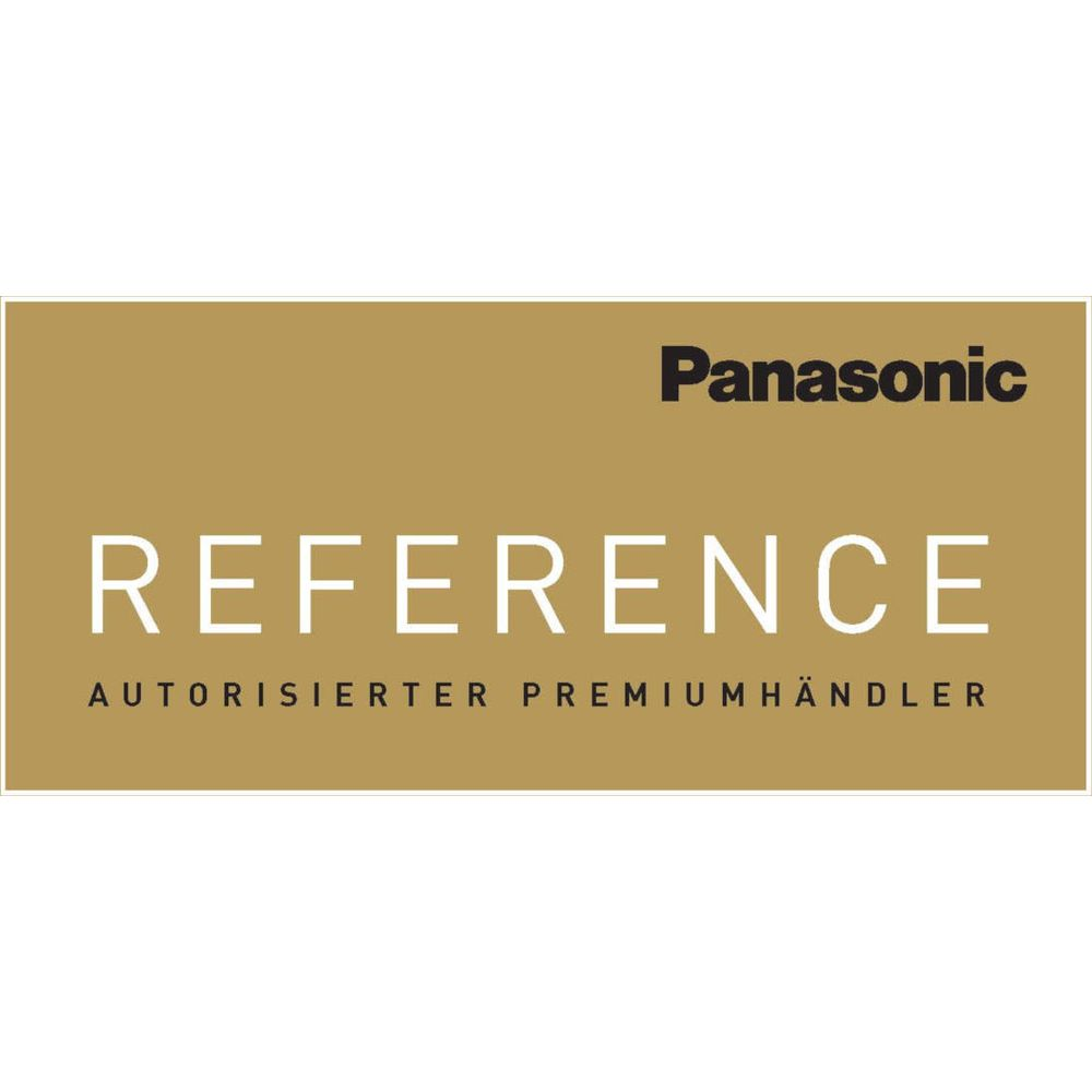 Texto 'Referencia' de Panasonic sobre fondo dorado con subtítulo.