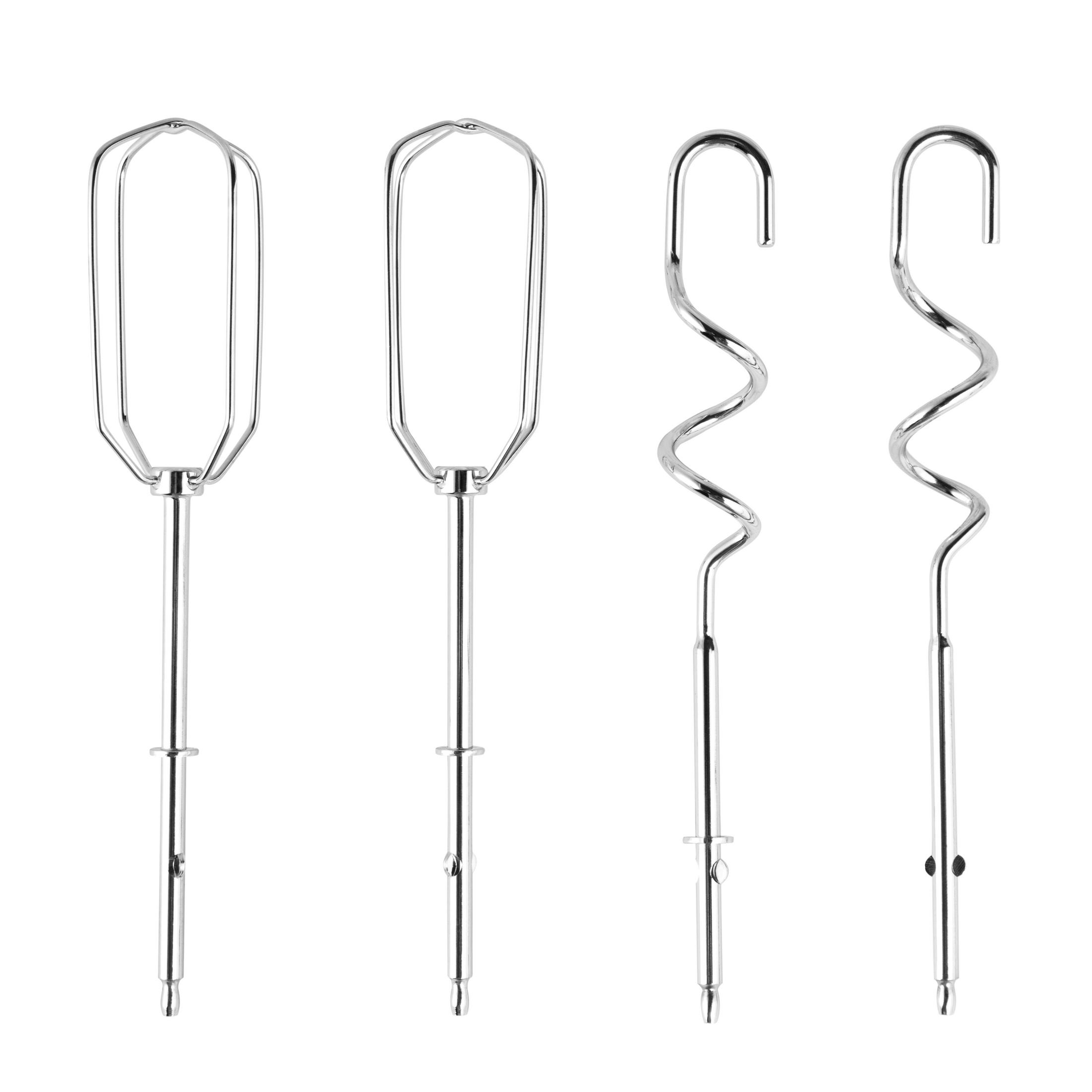 Cztery metalowe końcówki do miksera: dwie owalne, dwie spiralne.