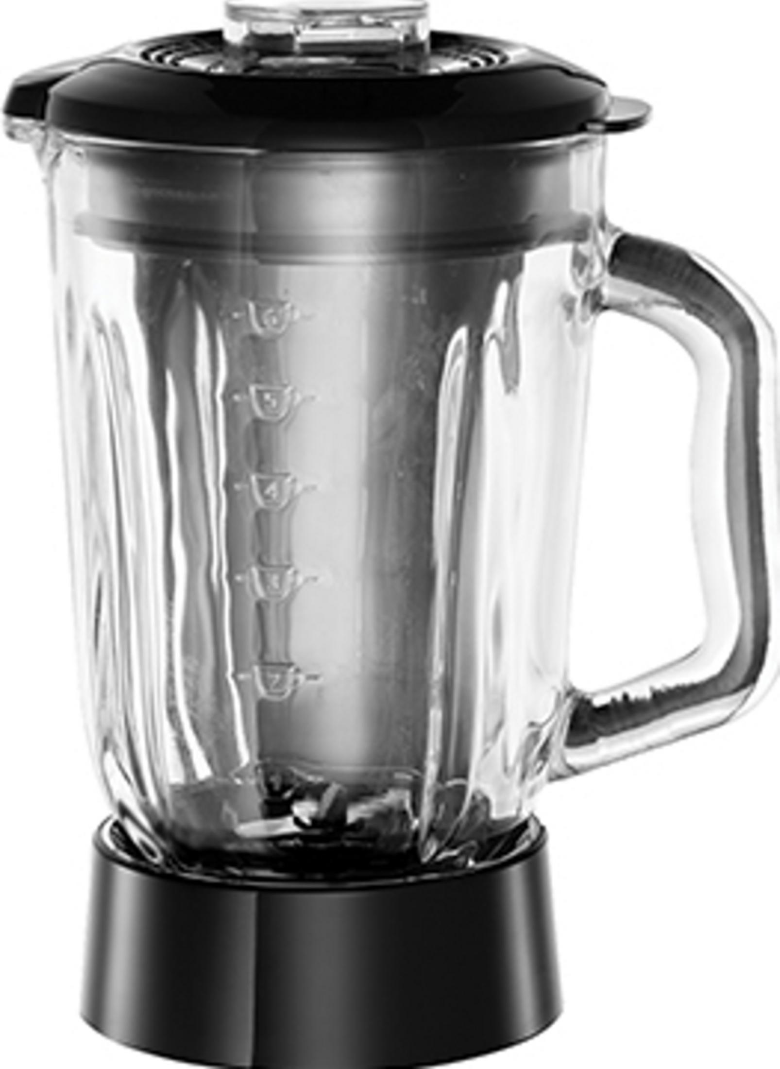 Ein Glasmixer mit schwarzem Sockel und schwarzem Deckel.